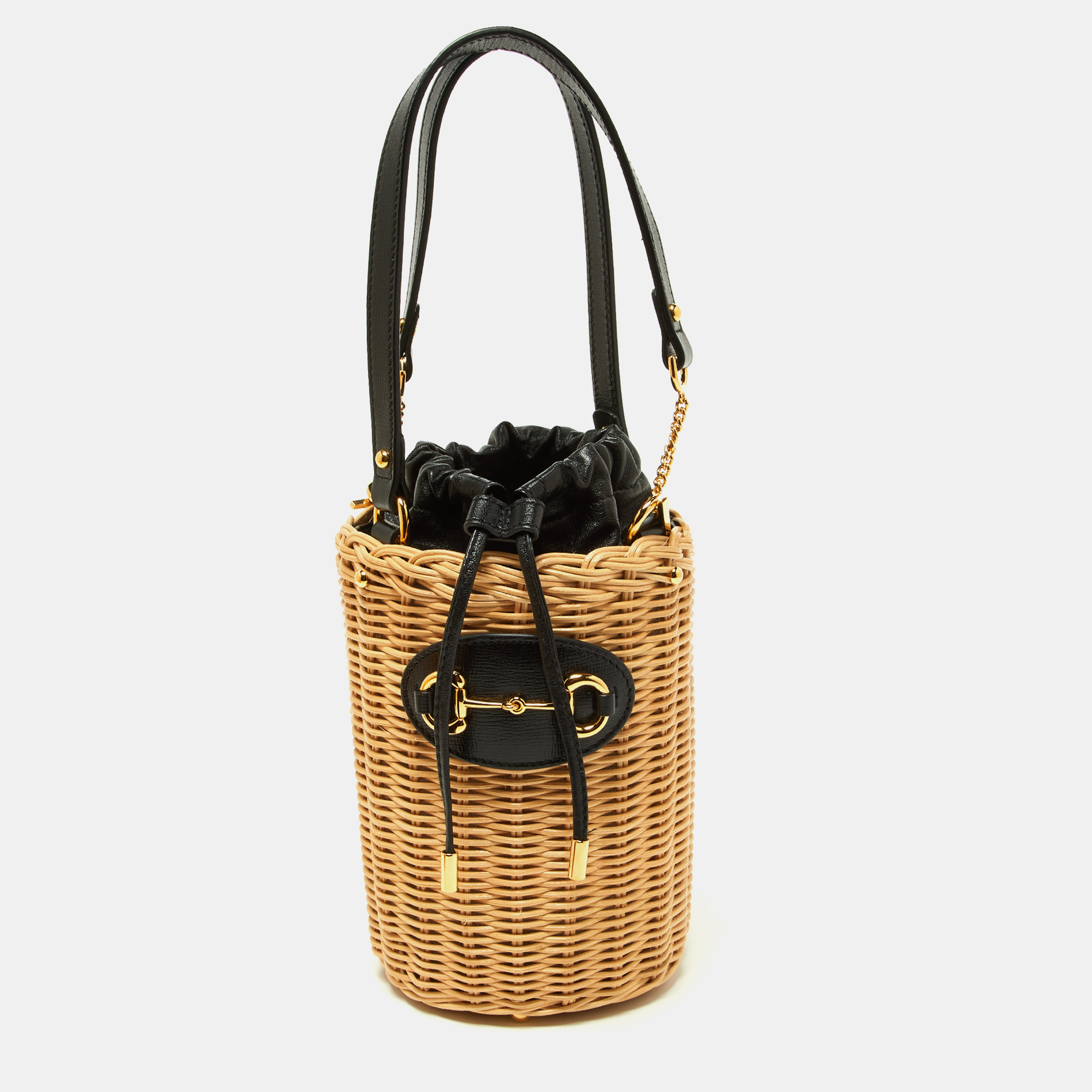 Pre-owned Gucci Beige/black Wicker And Leather Horsebit 1955 Bucket Bag