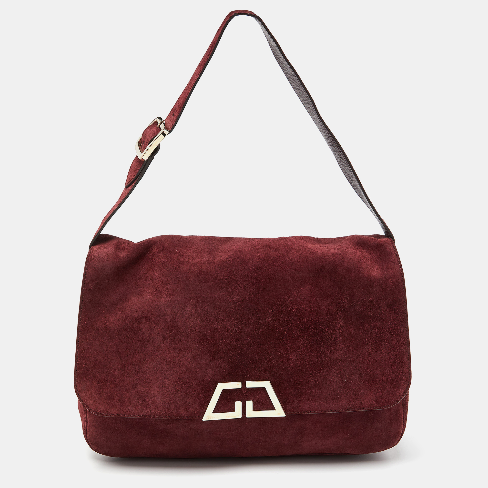 Pre-owned Gucci Burgundy Suede Double G Logo Flap Shoulder Bag