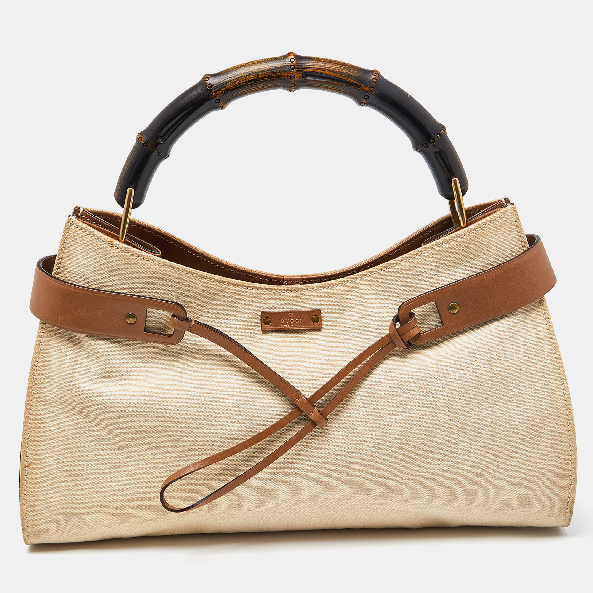 

Gucci Cream/Brown Canvas and Leather Bamboo Top Handle Bag