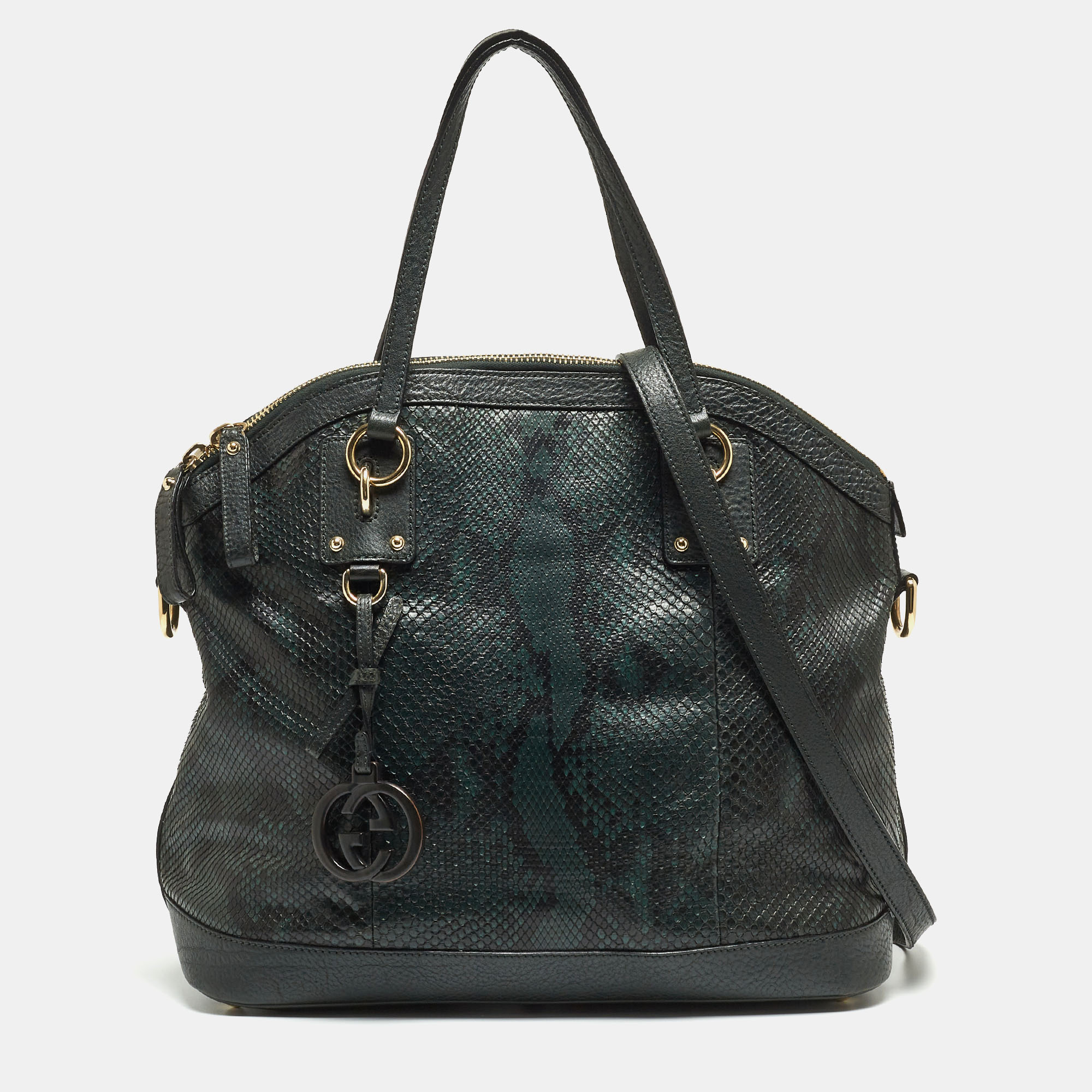 

Gucci Green/Black Python Leather Convertible GG Charm Dome Satchel