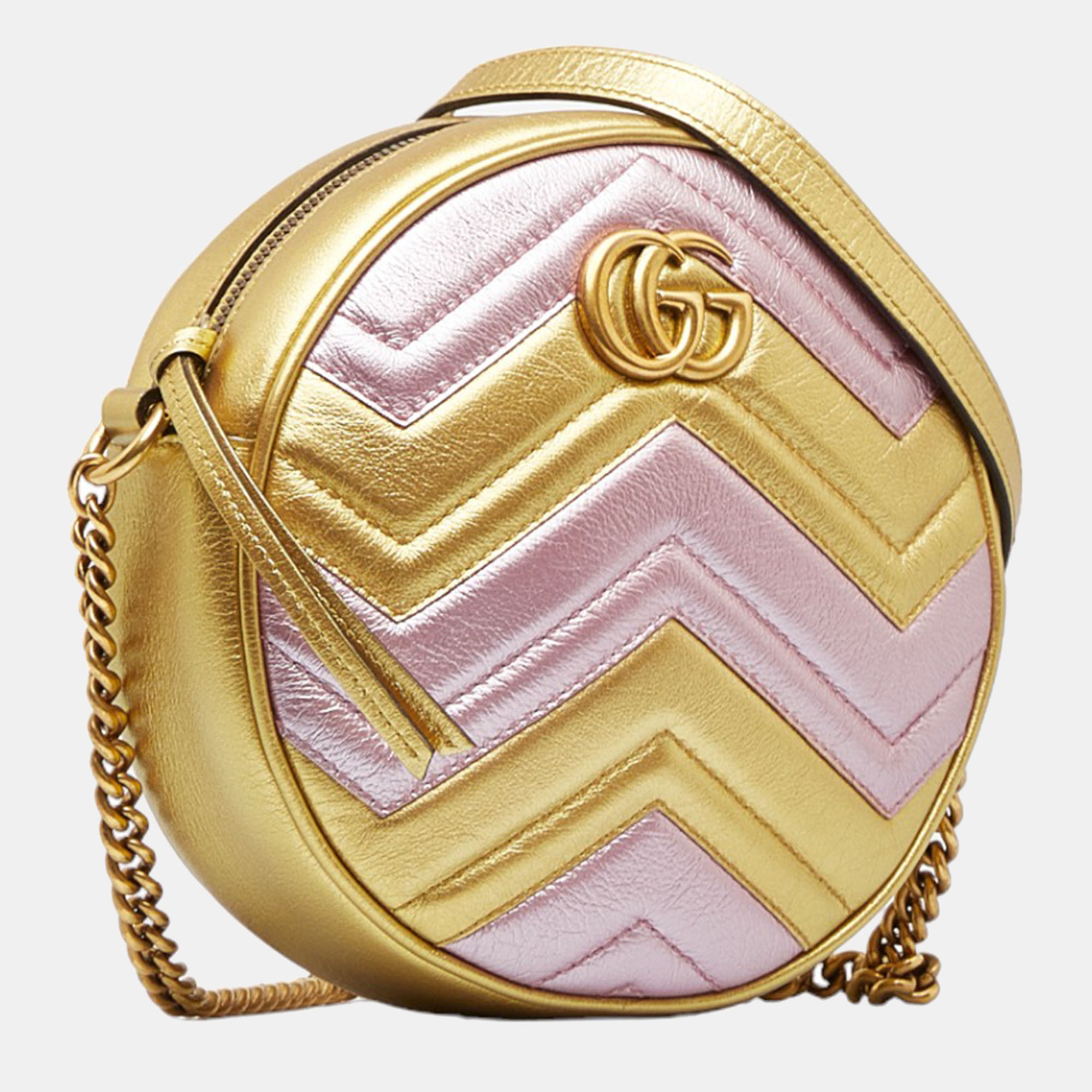 

Gucci Gold Matelasse Leather Round GG Marmont Mini Shoulder Bag