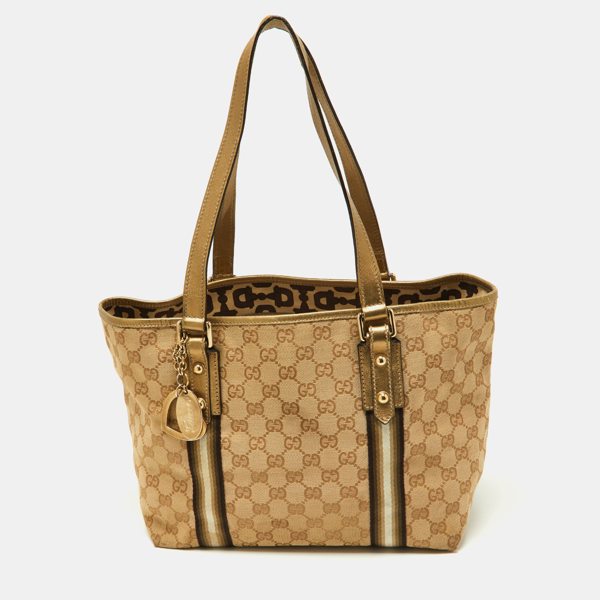Pre-owned Gucci Gold/beige Gg Canvas And Leather Jolicoeur Tote In Brown