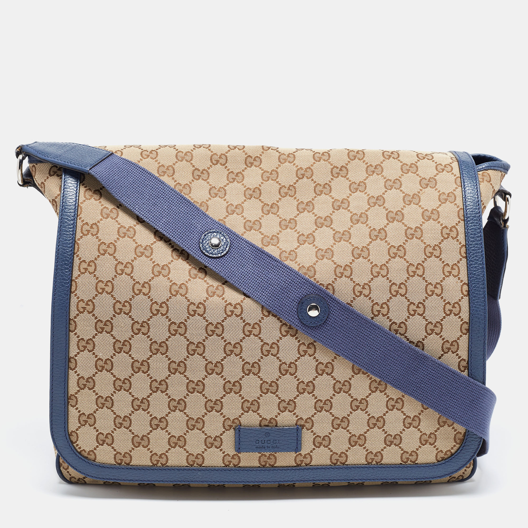 Pre-owned Gucci Beige/blue Gg Canvas And Leather Messenger Diaper Bag
