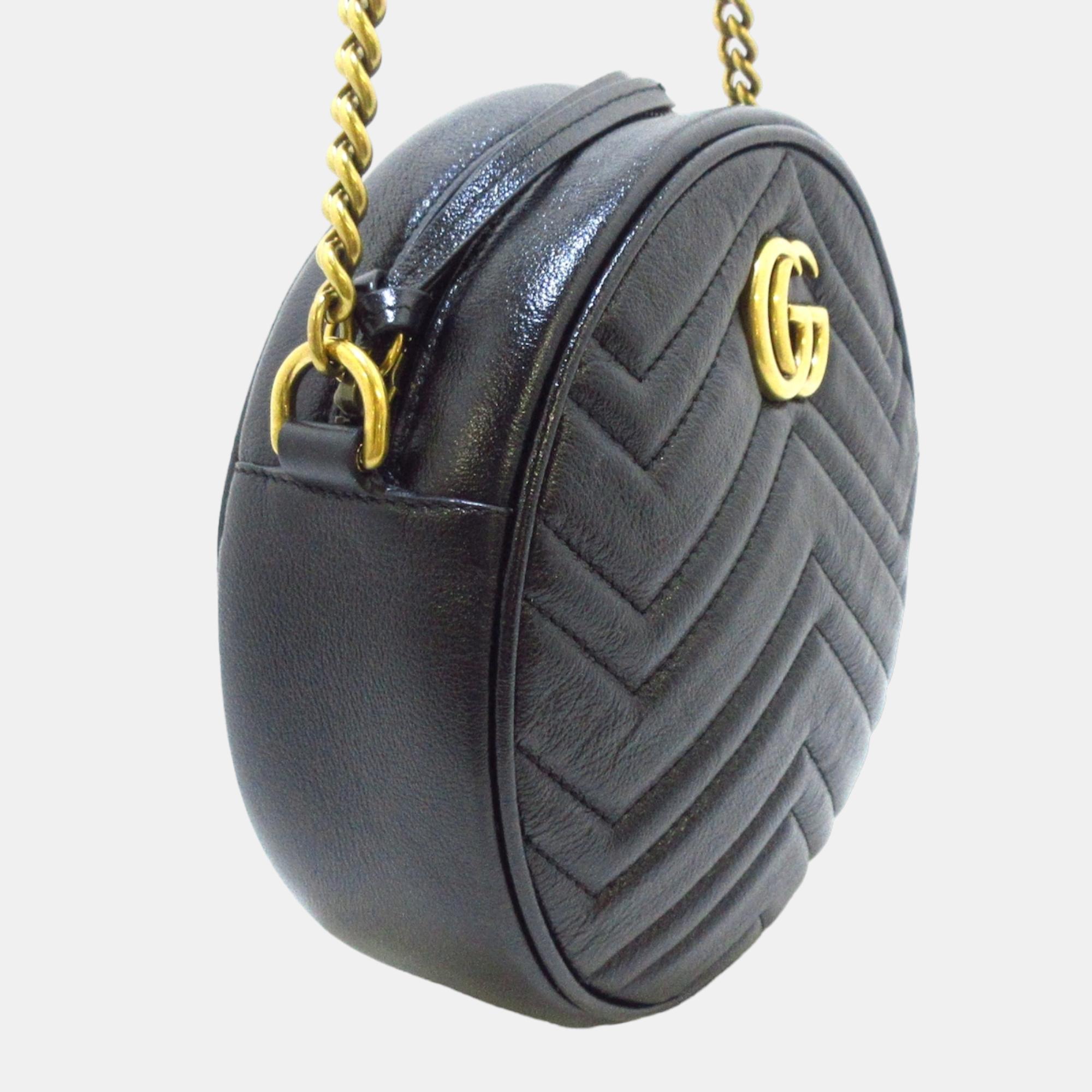 

Gucci Black Leather Mini GG Marmont Round Shoulder Bag