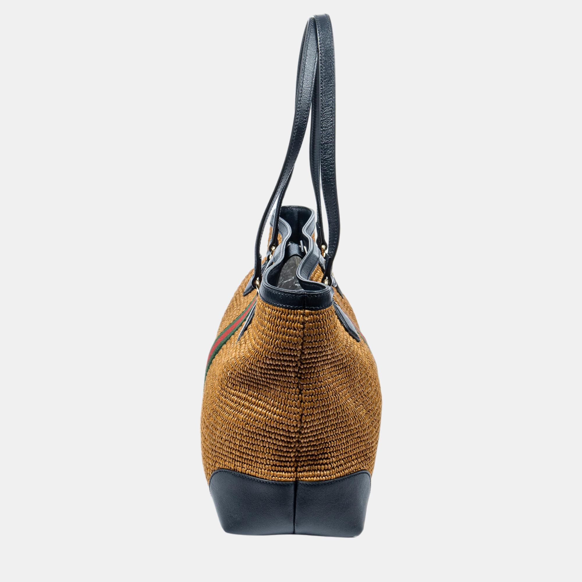 

Gucci Brown/Black Medium Raffia Ophidia Tote Bag