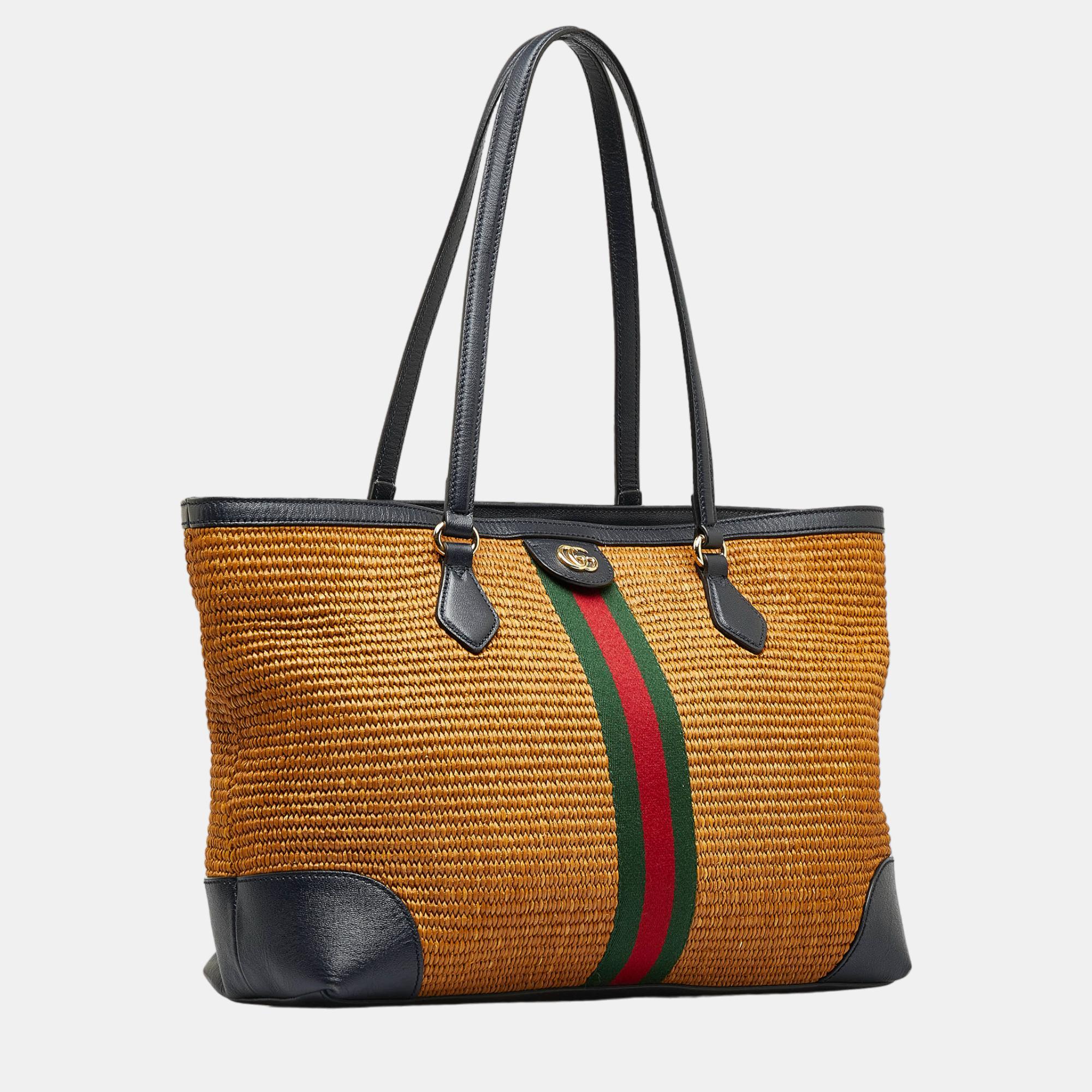 

Gucci Brown Medium Raffia Ophidia Tote Bag