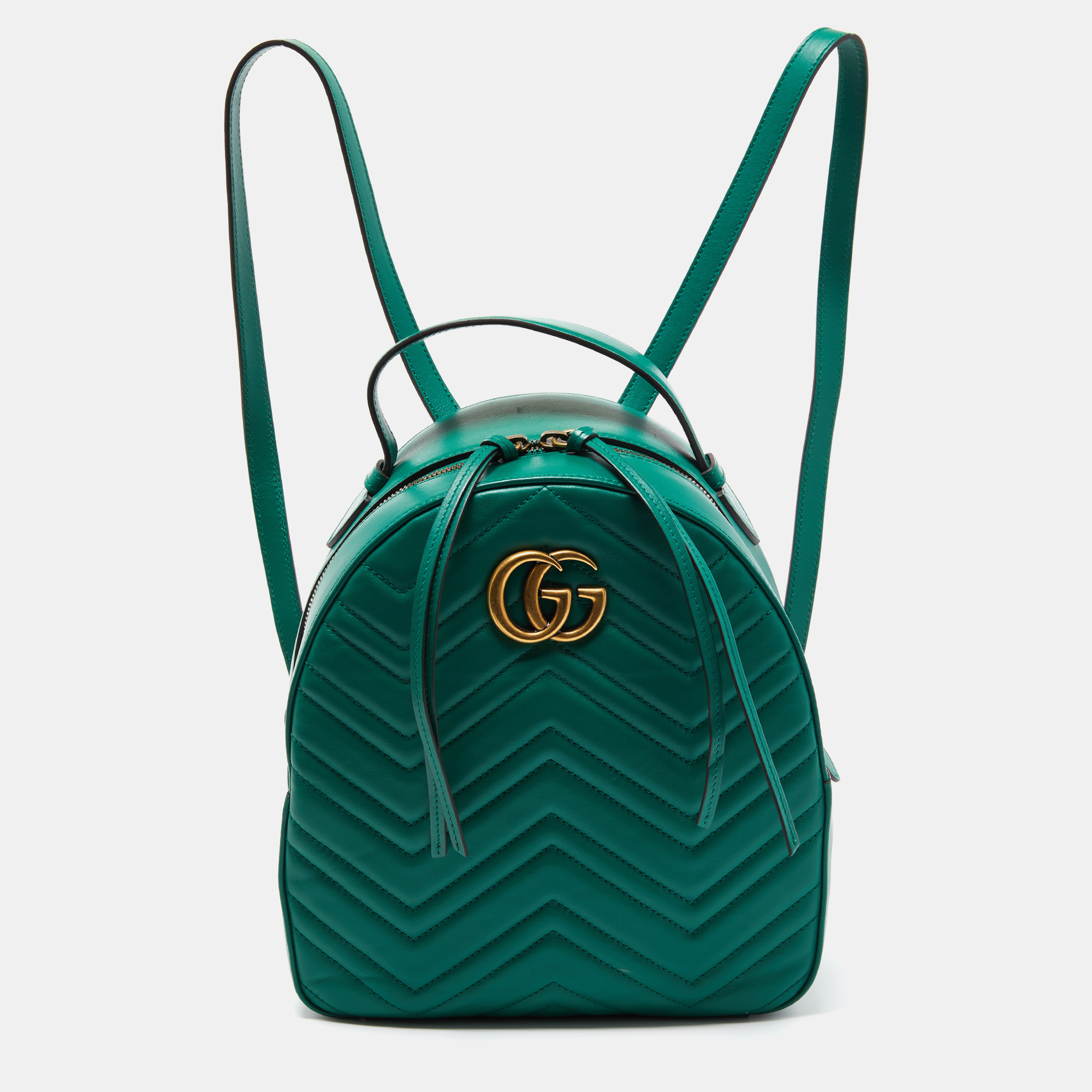 Pre-owned Gucci Green Matelassé Leather Gg Marmont Backpack