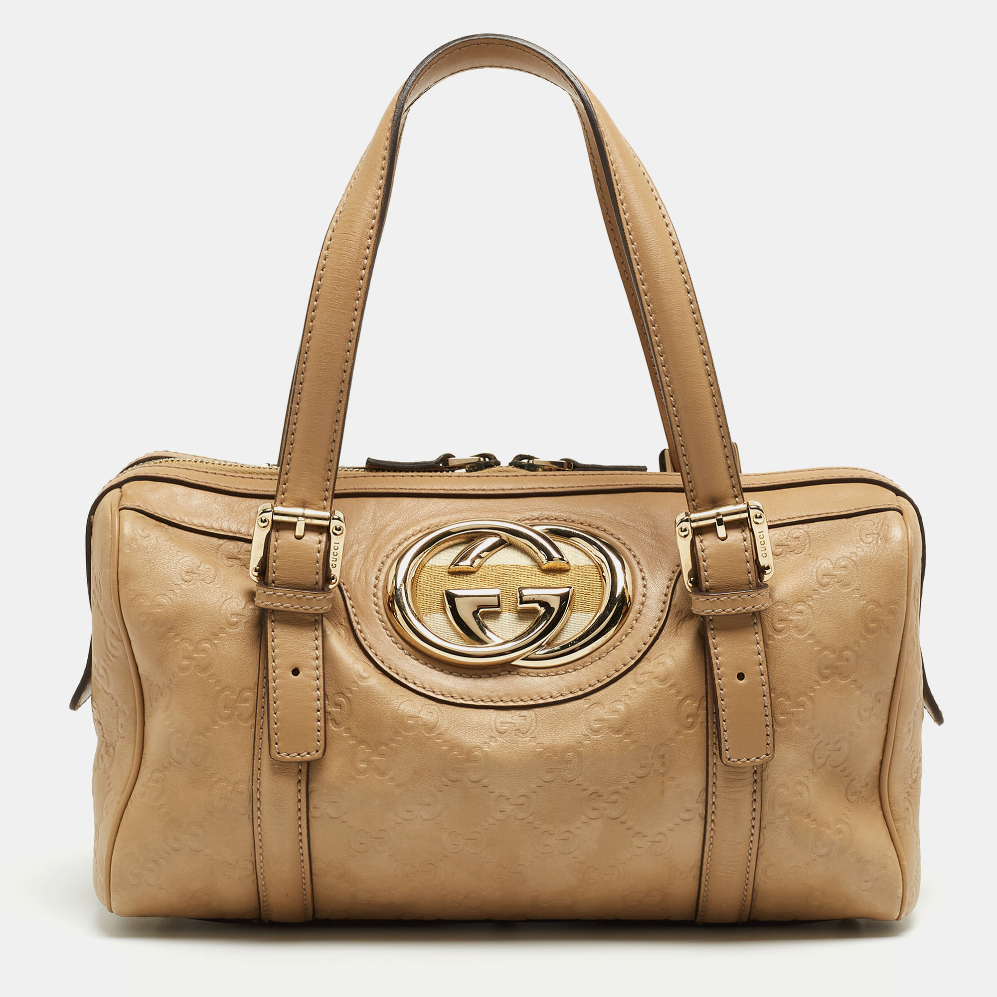 Pre-owned Gucci Ssima Leather Web Britt Boston Bag In Beige