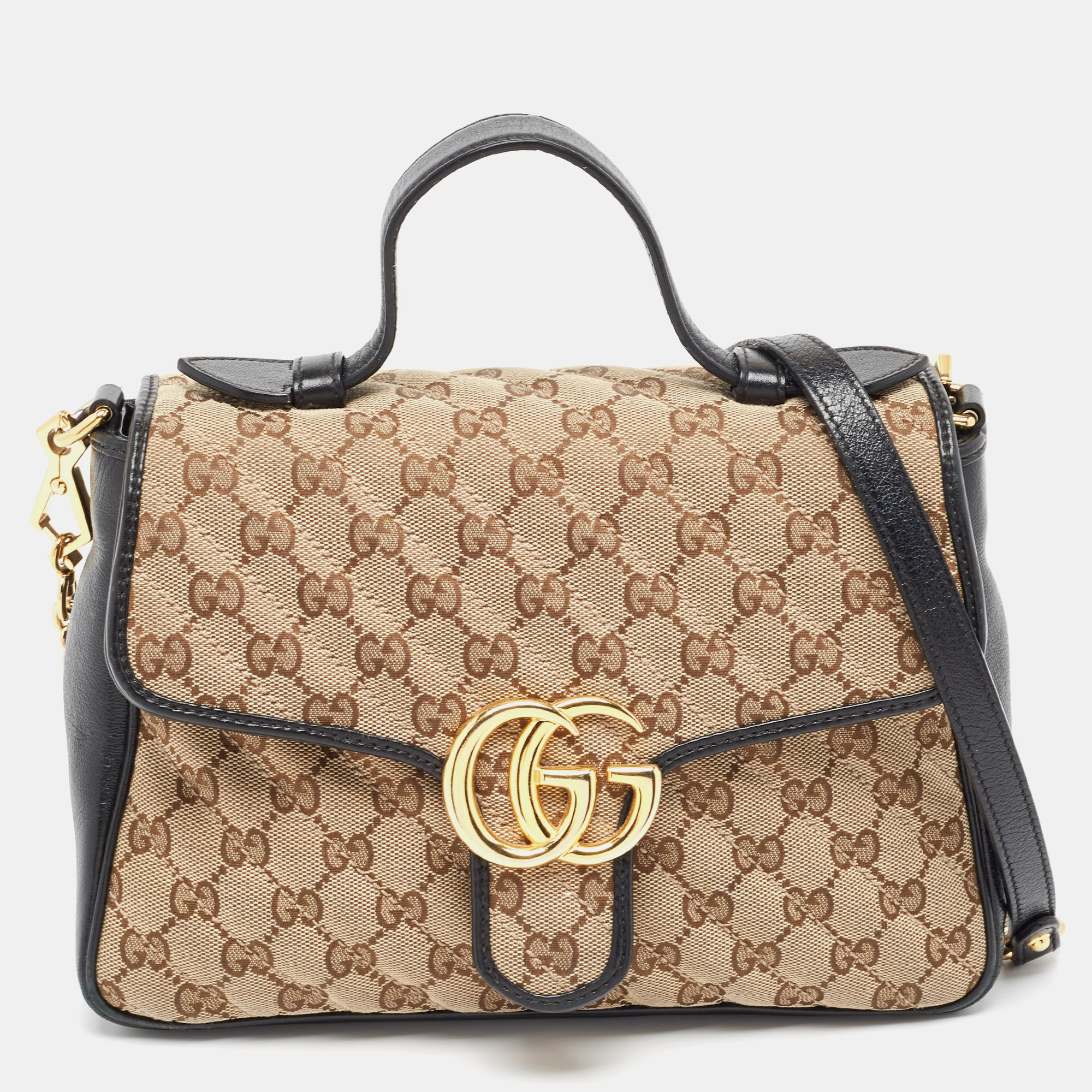 Pre Owned Gucci Black/Beige Matelasse GG Canvas and Leather Small GG Marmont Top Handle Bag