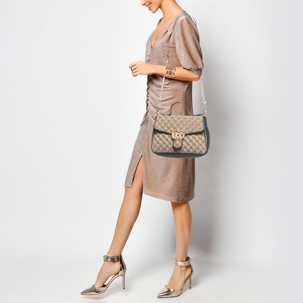 

Gucci Black/Beige Matelasse GG Canvas and Leather Small GG Marmont Top Handle Bag