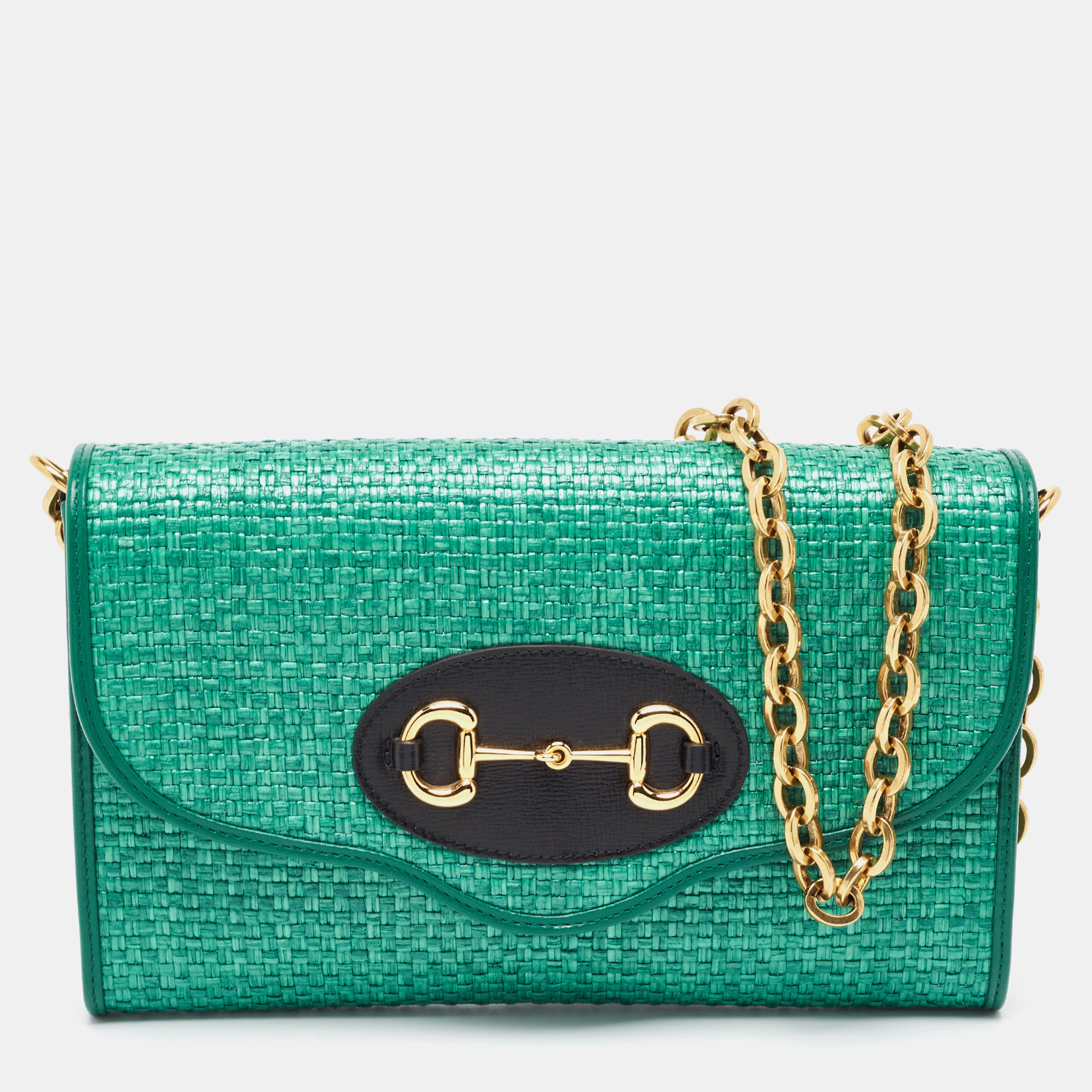 

Gucci Green Raffia Horsebit 1955 Chain Shoulder Bag