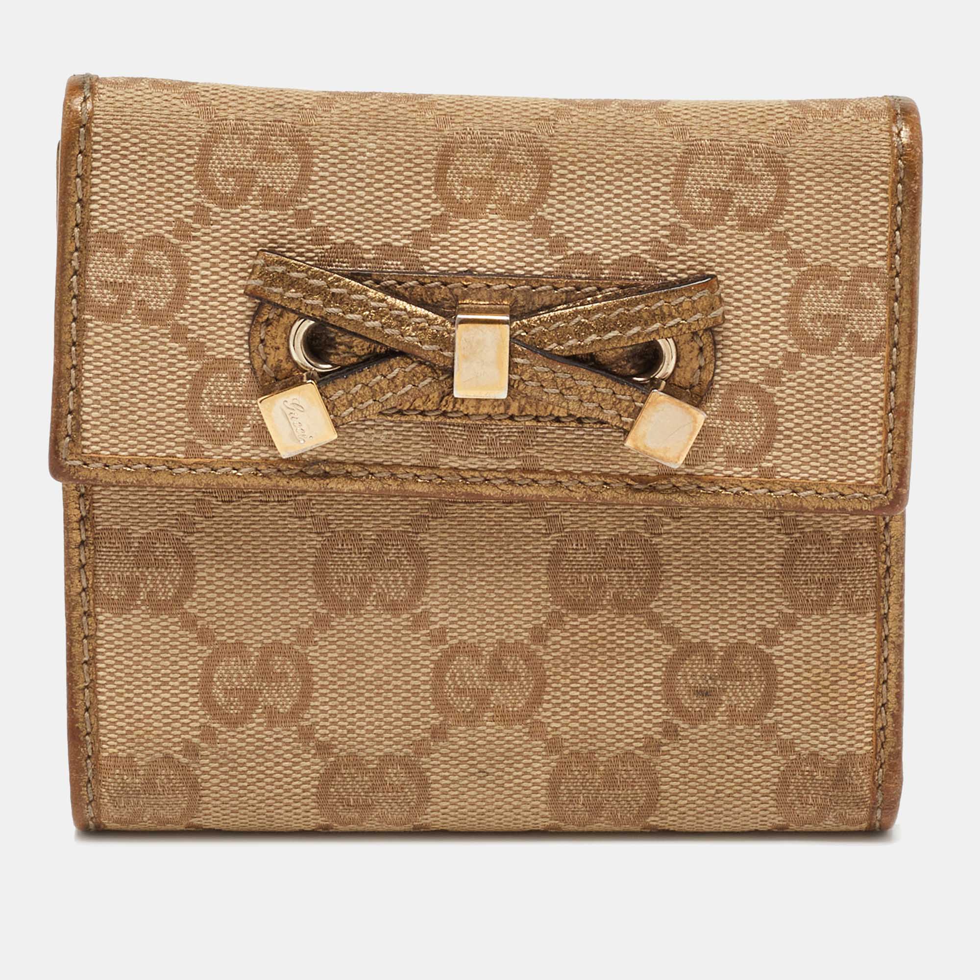 Pre-owned Gucci Beige/gold Gg Canvas And Leather Princy Trifold Wallet