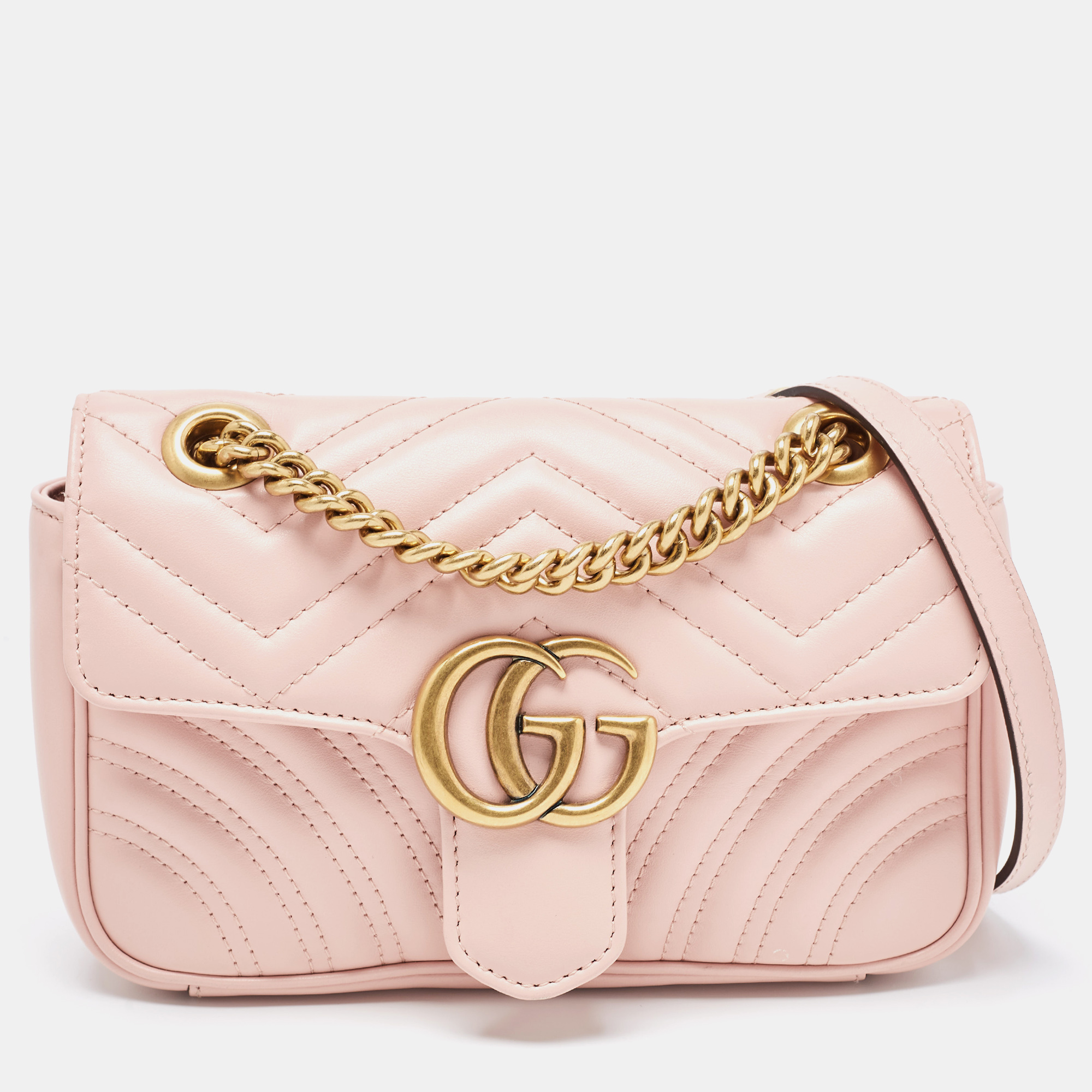 Pre-owned Gucci Pink Matelassé Leather Mini Gg Marmont Shoulder Bag
