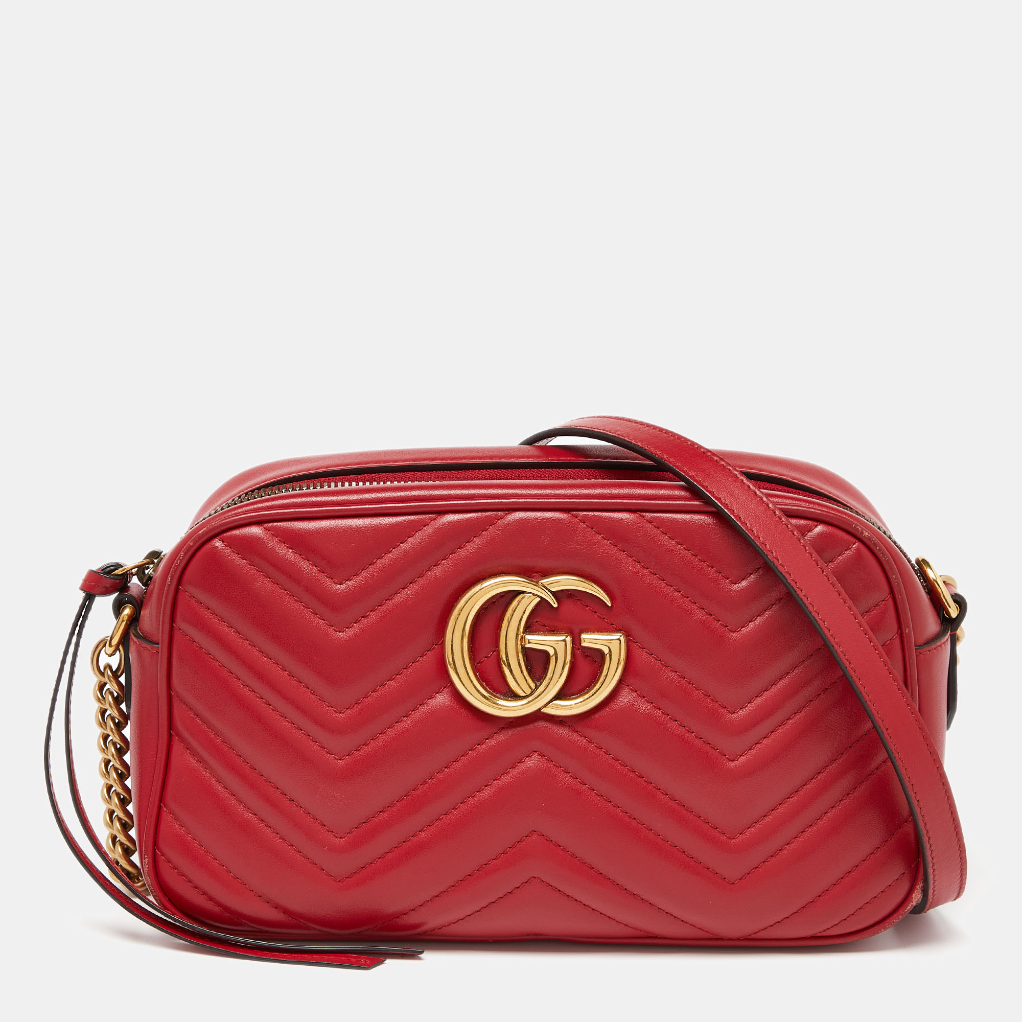 Pre-owned Gucci Red Matelassé Leather Small Gg Marmont Shoulder Bag