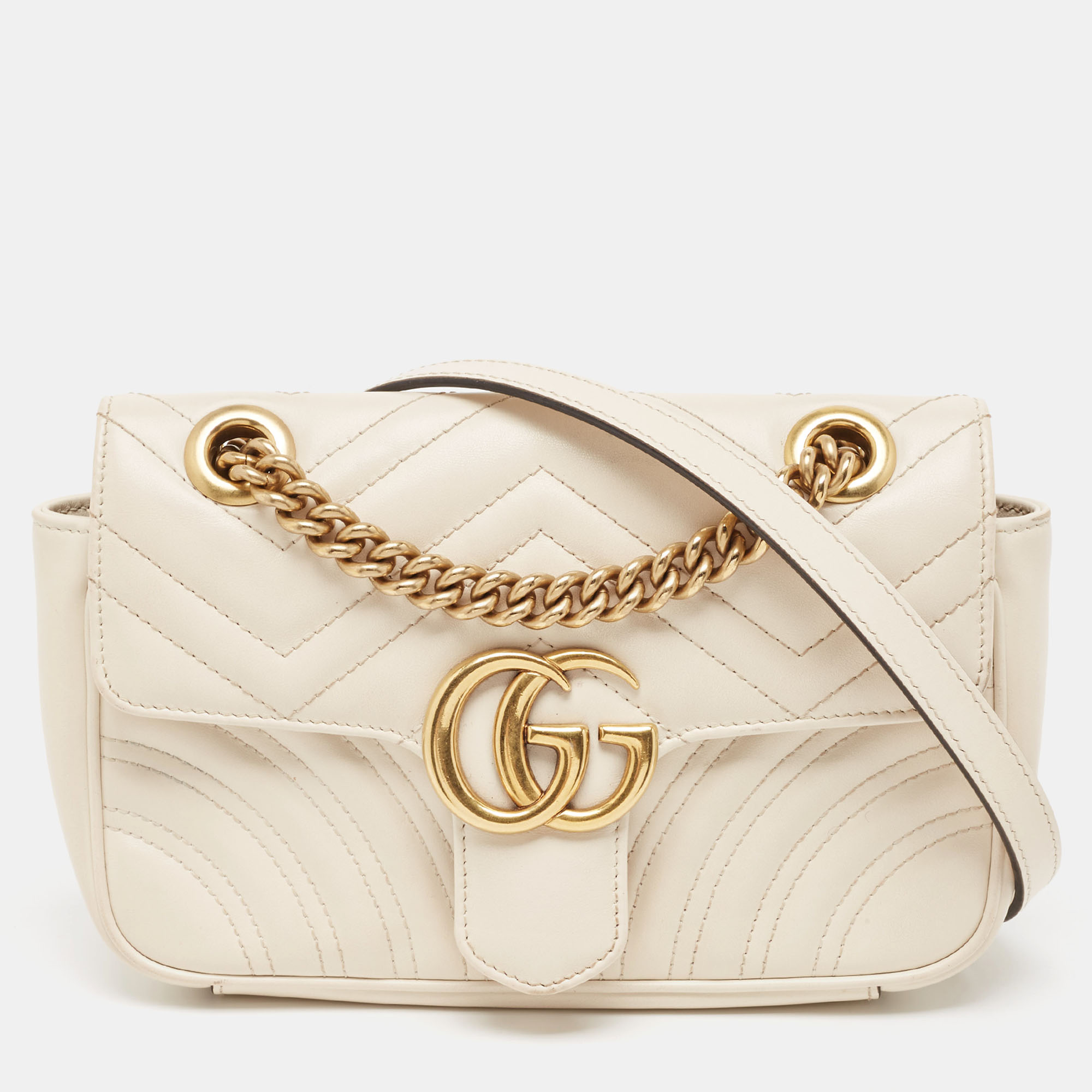 Pre-owned Gucci Off White Matelassé Leather Mini Gg Marmont Shoulder Bag