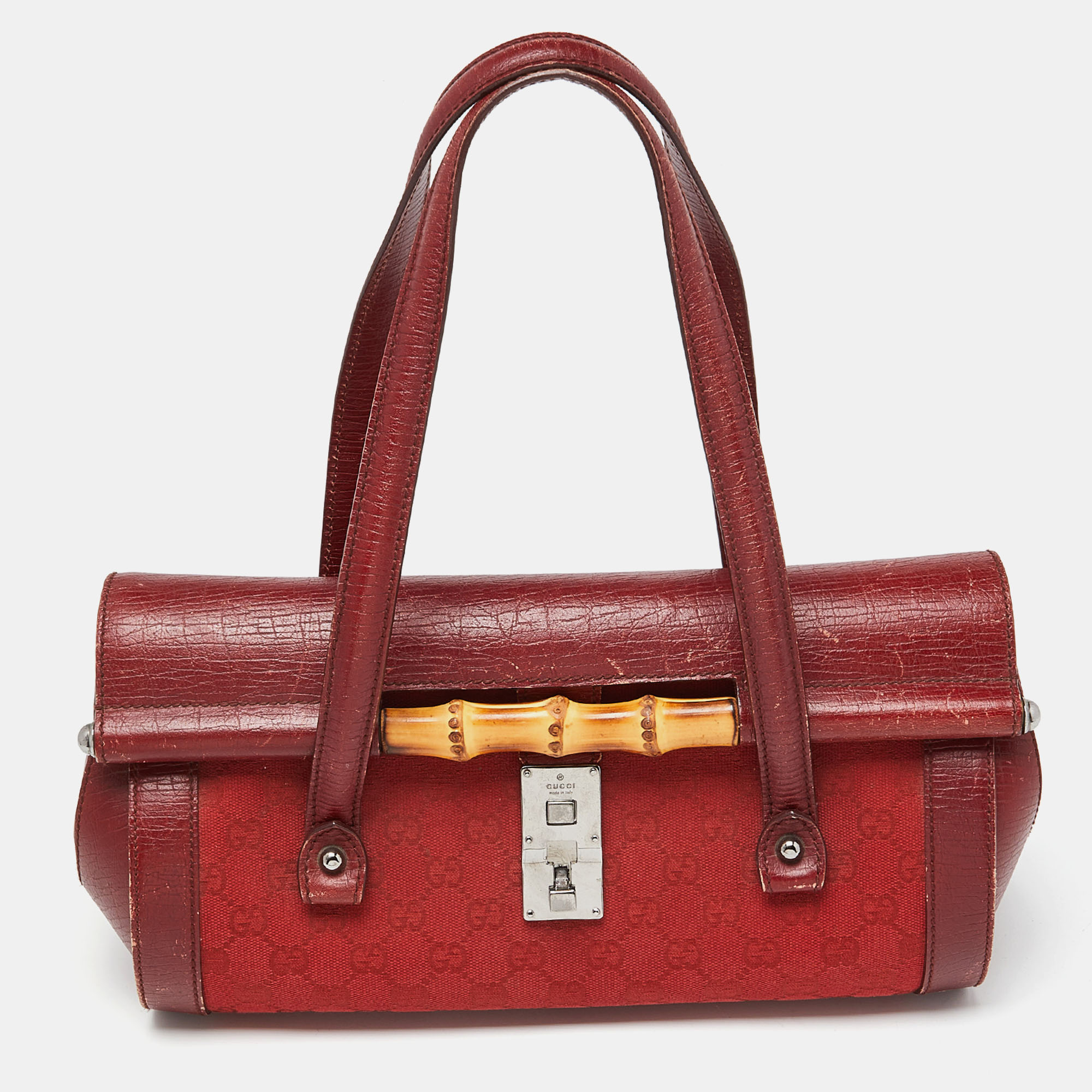 

Gucci Red GG Canvas and Leather Bamboo Bullet Bag