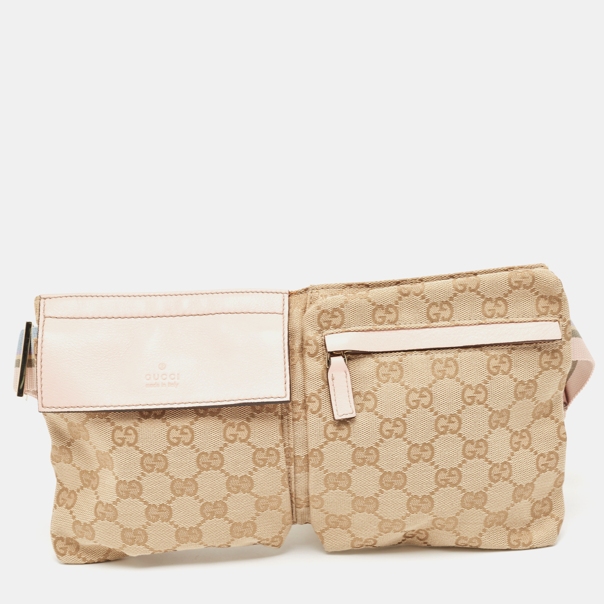 Pre-owned Gucci Pink/beige Gg Canvas And Leather Double Pocket Belt Bag