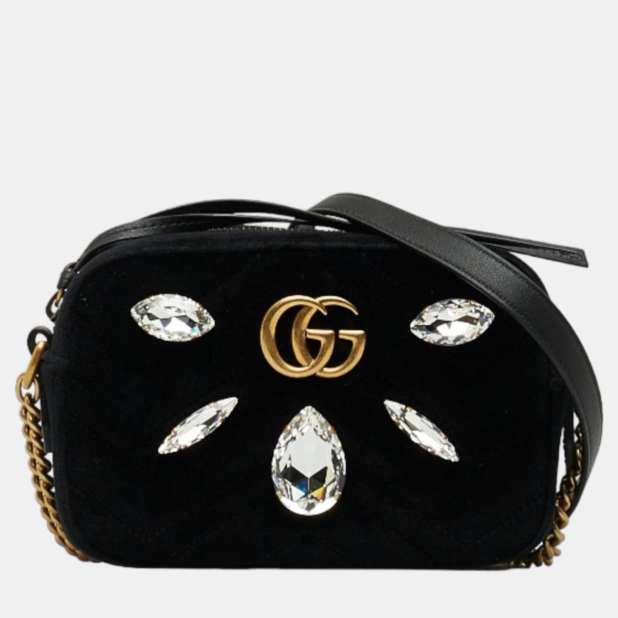 

Gucci Black Velvet Mini GG Marmont Marquise Crystals Matelasse Shoulder Bag