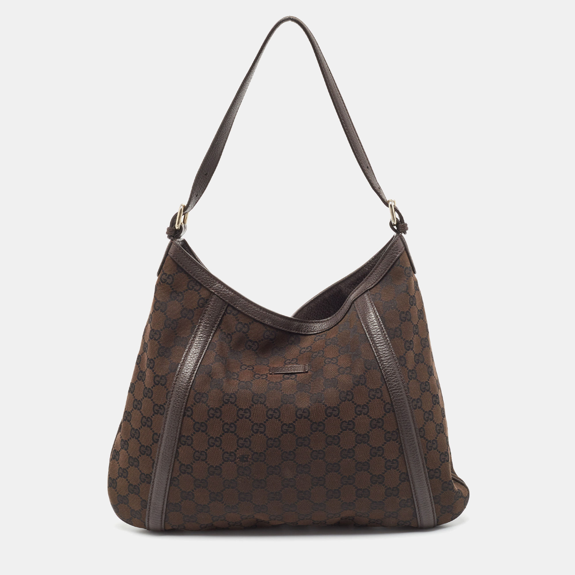 Pre Owned Gucci Dark Brown GG Canvas and Leather Zip Hobo