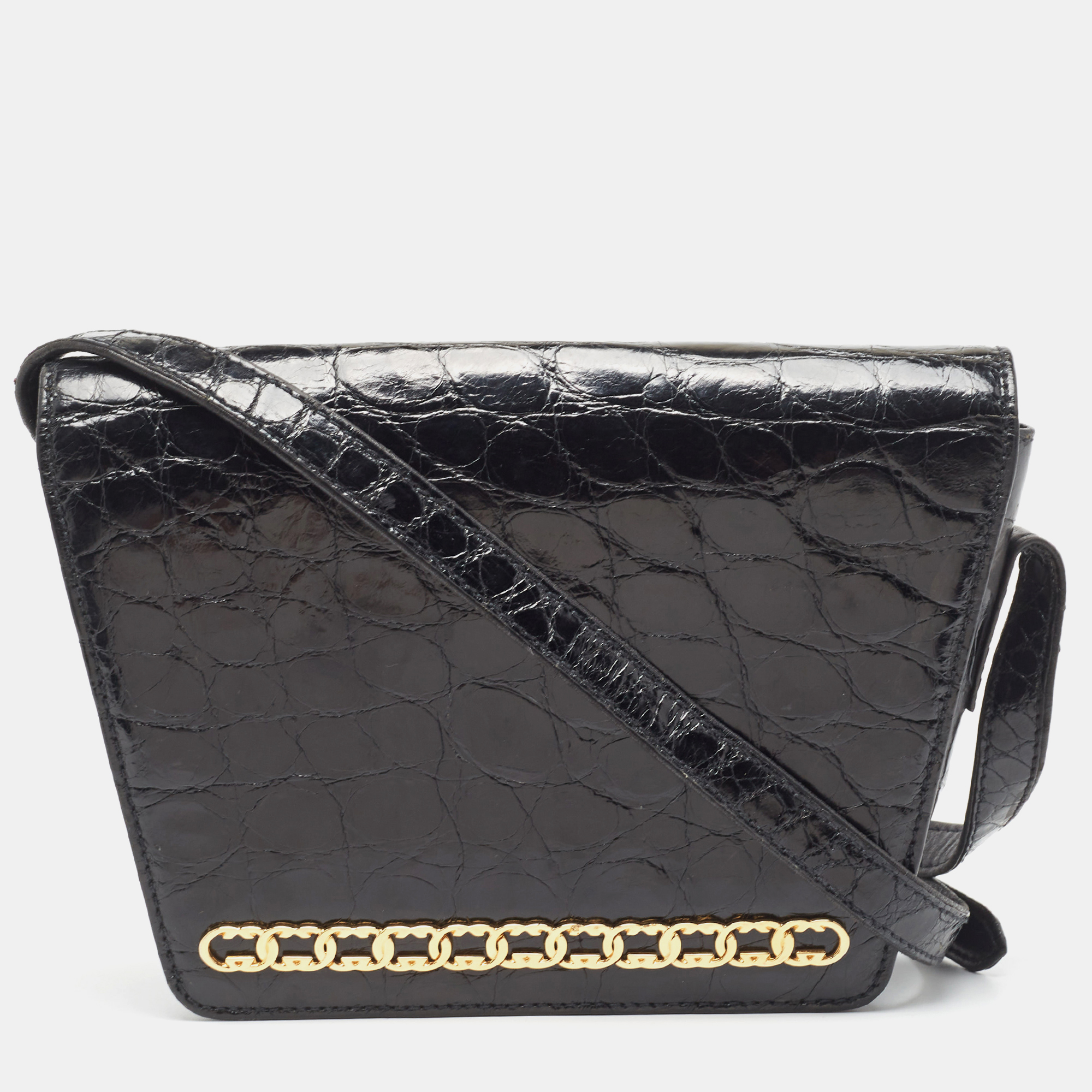 Pre-owned Gucci Black Crocodile Leather Interlocking Gg Flap Crossbody Bag