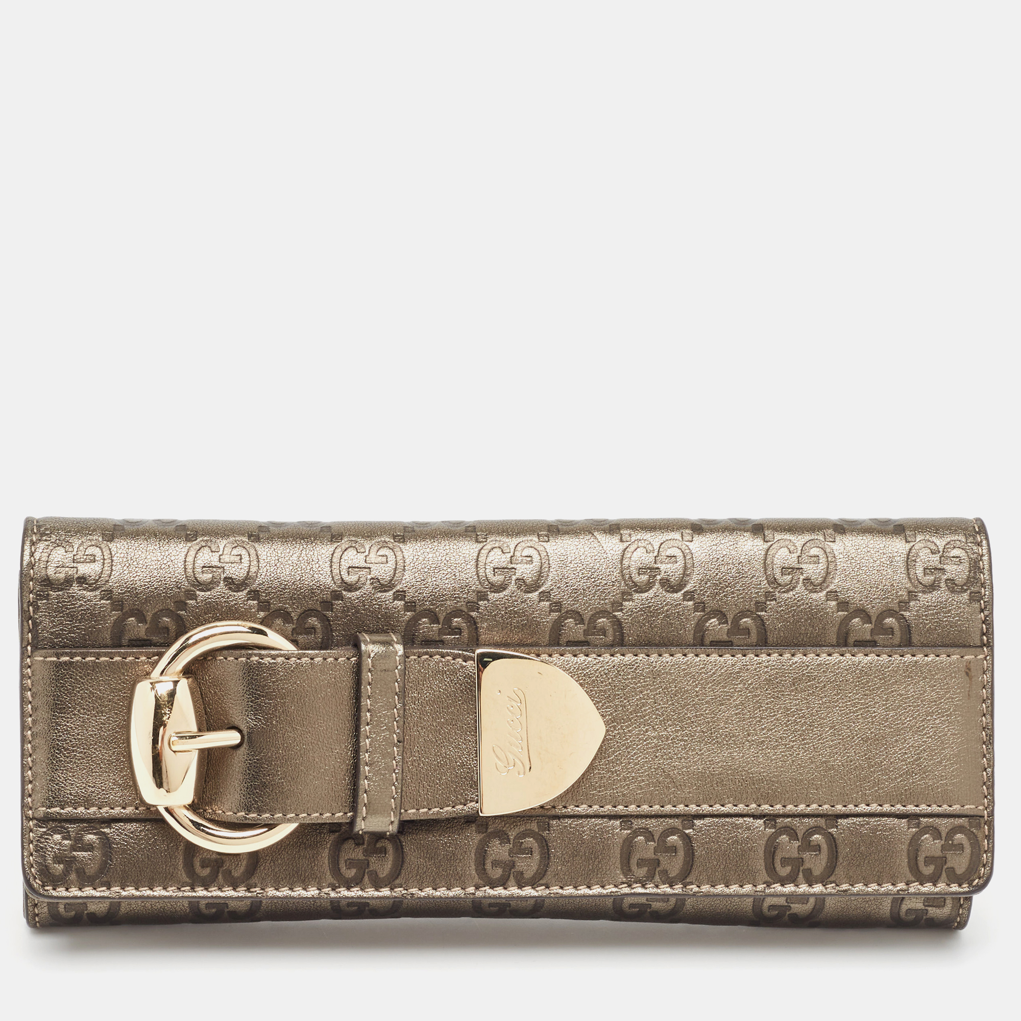 Pre-owned Gucci Ssima Leather Buckle Continental Wallet In Metallic