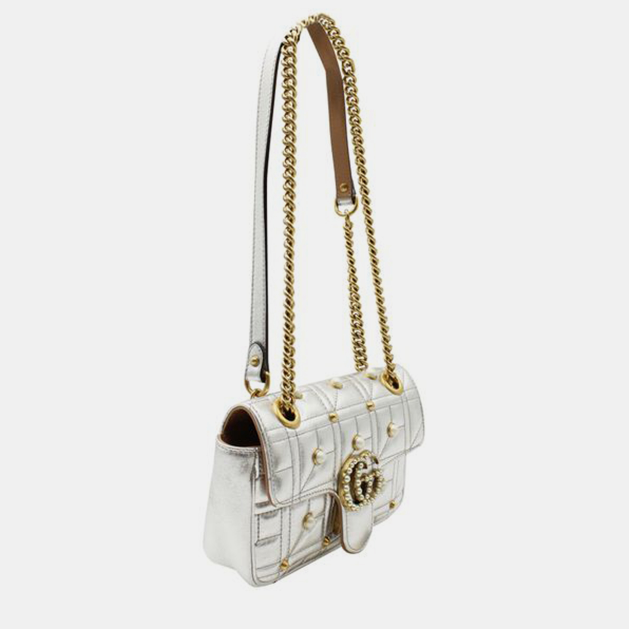 

GUCCI Pearly GG Marmont Mini Flap Bag Embellished Matelasse Leather SHOULDER BAGS, Silver