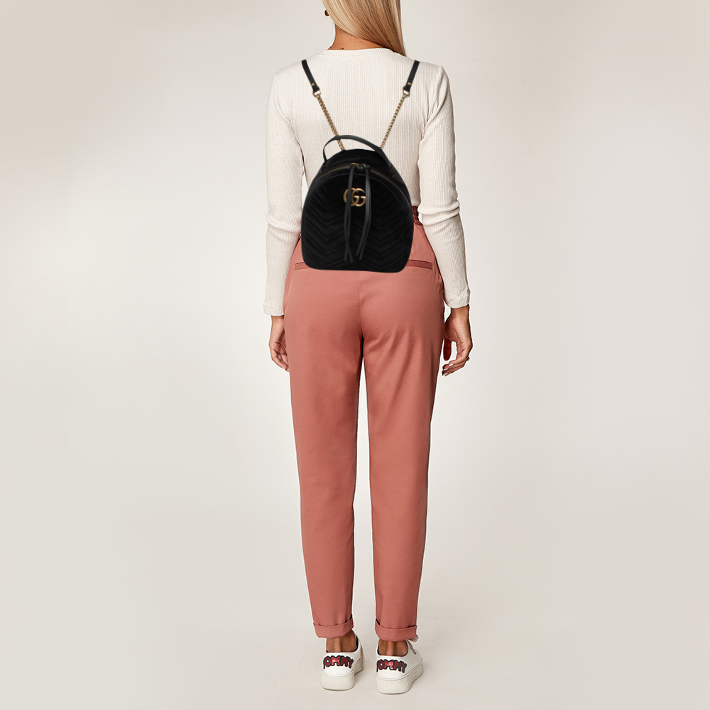 

Gucci Black Matelassé Velvet and Leather GG Marmont Backpack