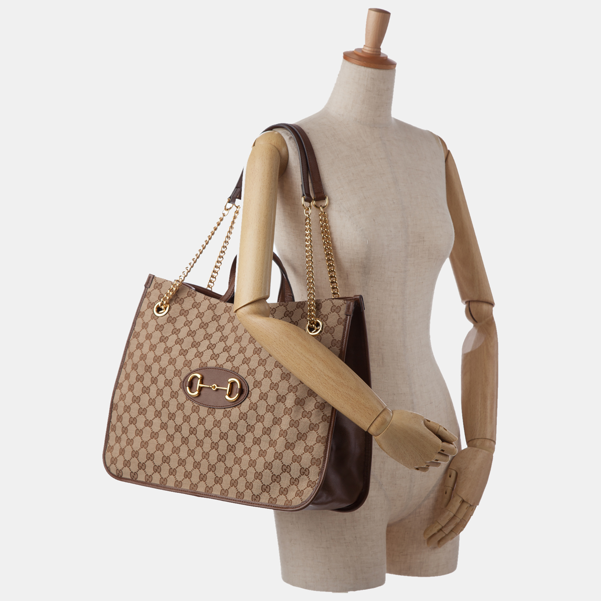 

Gucci Brown Large GG Canvas 1955 Horsebit Chain Tote, Beige