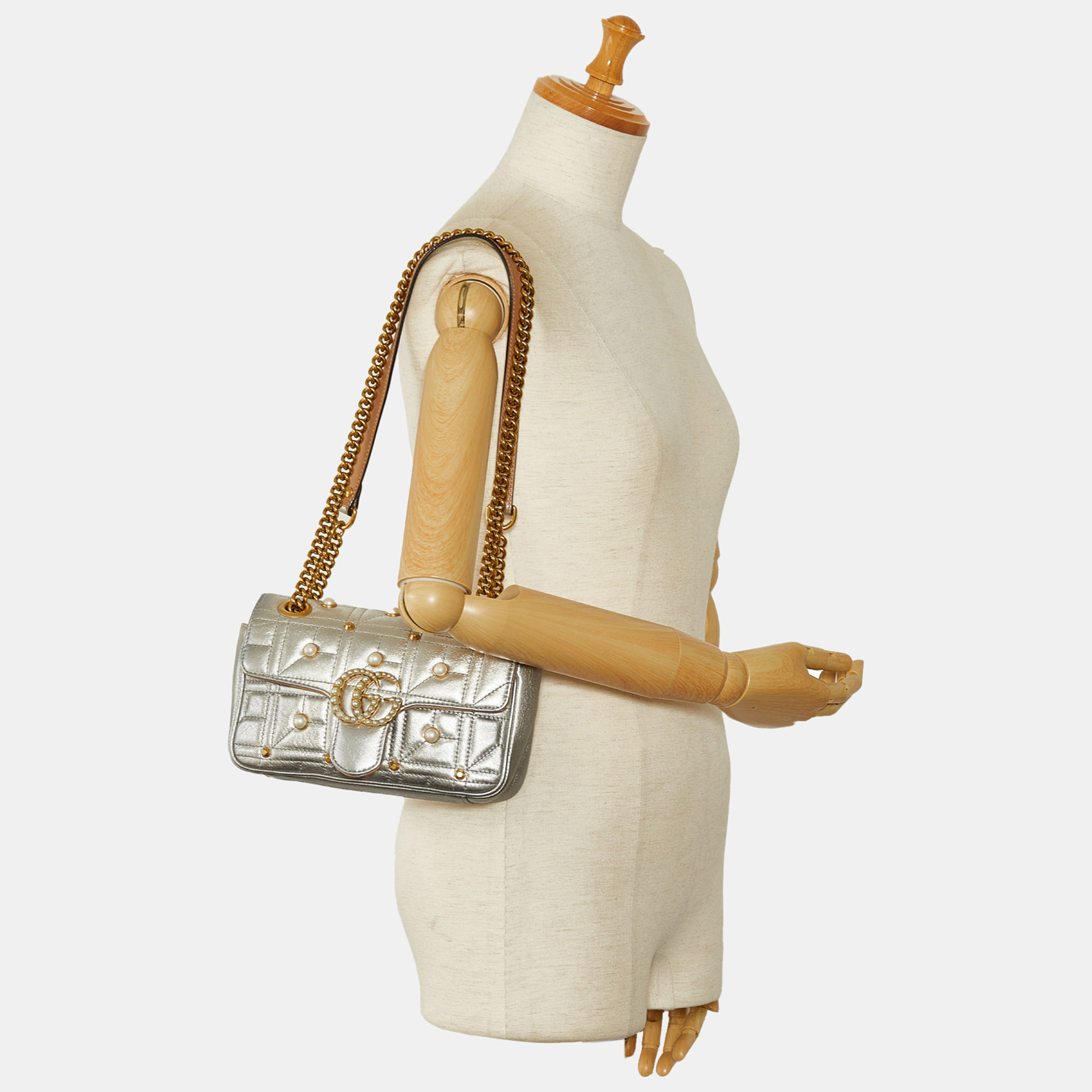

Gucci Silver Mini GG Marmont Matelasse Pearl Crossbody Bag