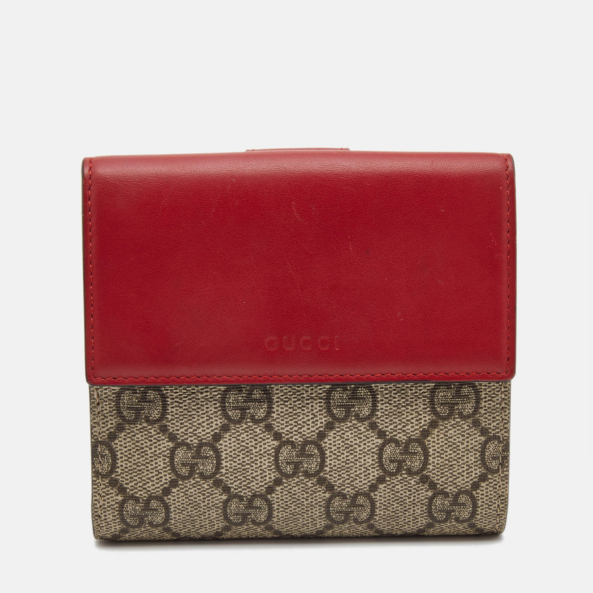 Pre-owned Gucci Red/beige Gg Supreme Coated Canvas And Leather French Flap Wallet