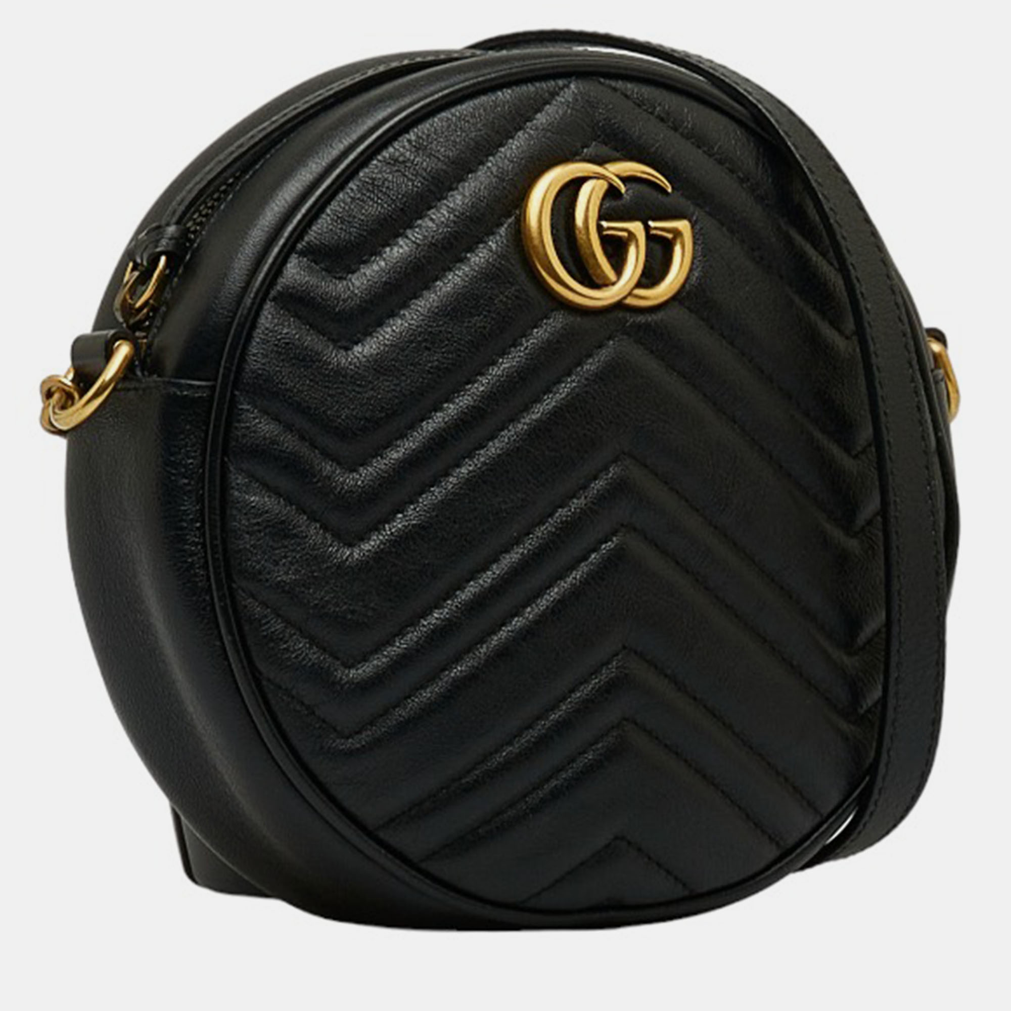 

Gucci Black Leather Mini GG Marmont Round Crossbody Bag
