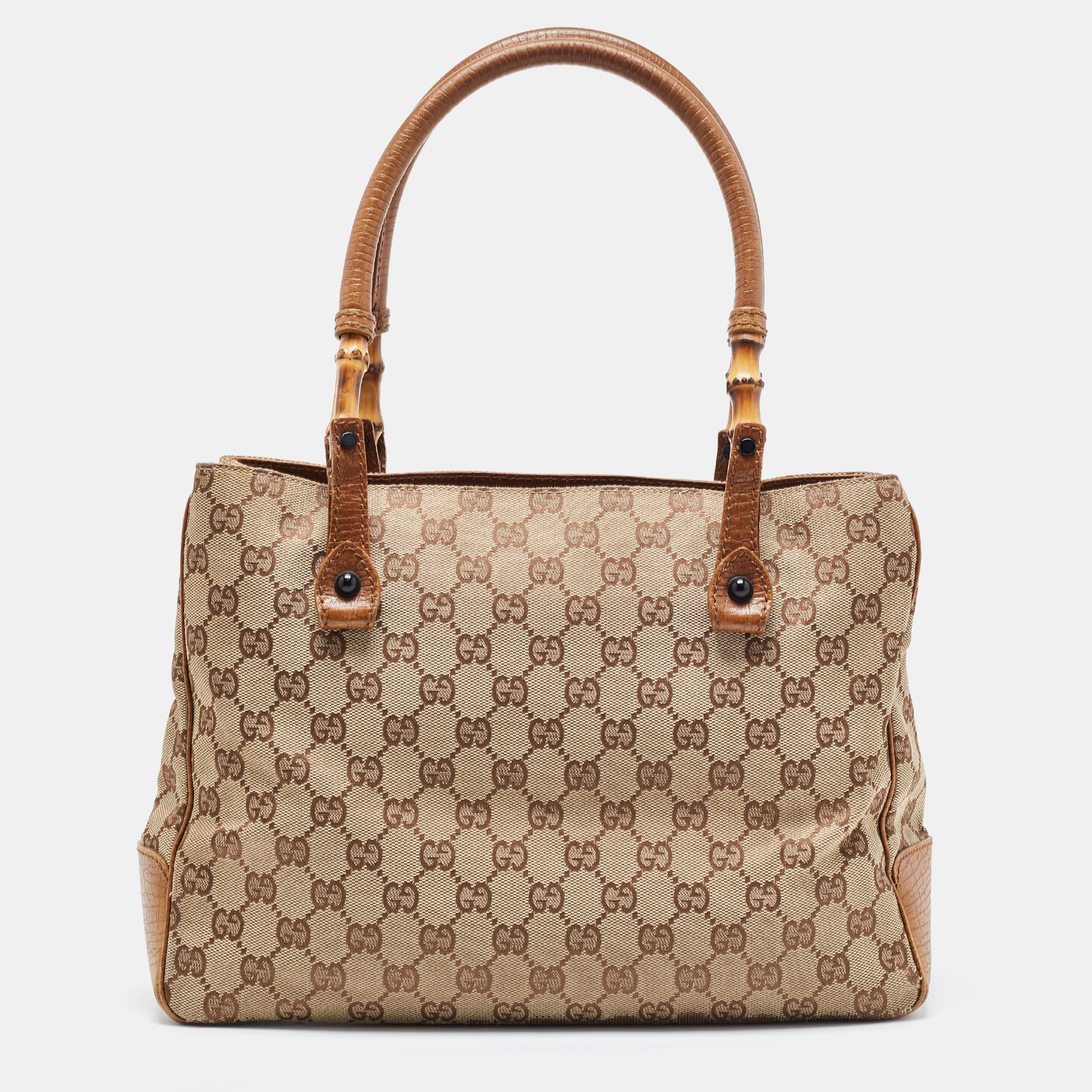 

Gucci Brown/Beige GG Canvas And Leather Bamboo Tote