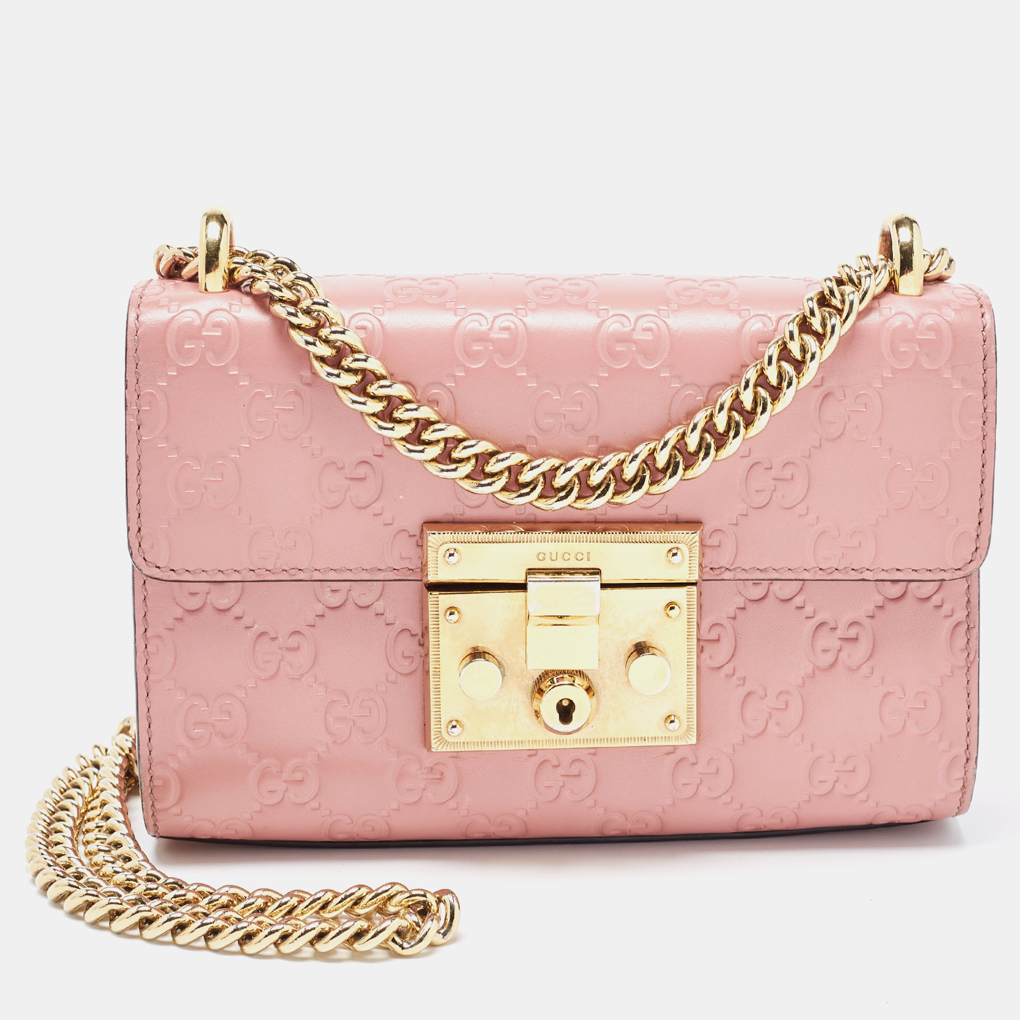 Pre-owned Gucci Ssima Leather Small Padlock Shoulder Bag In Pink