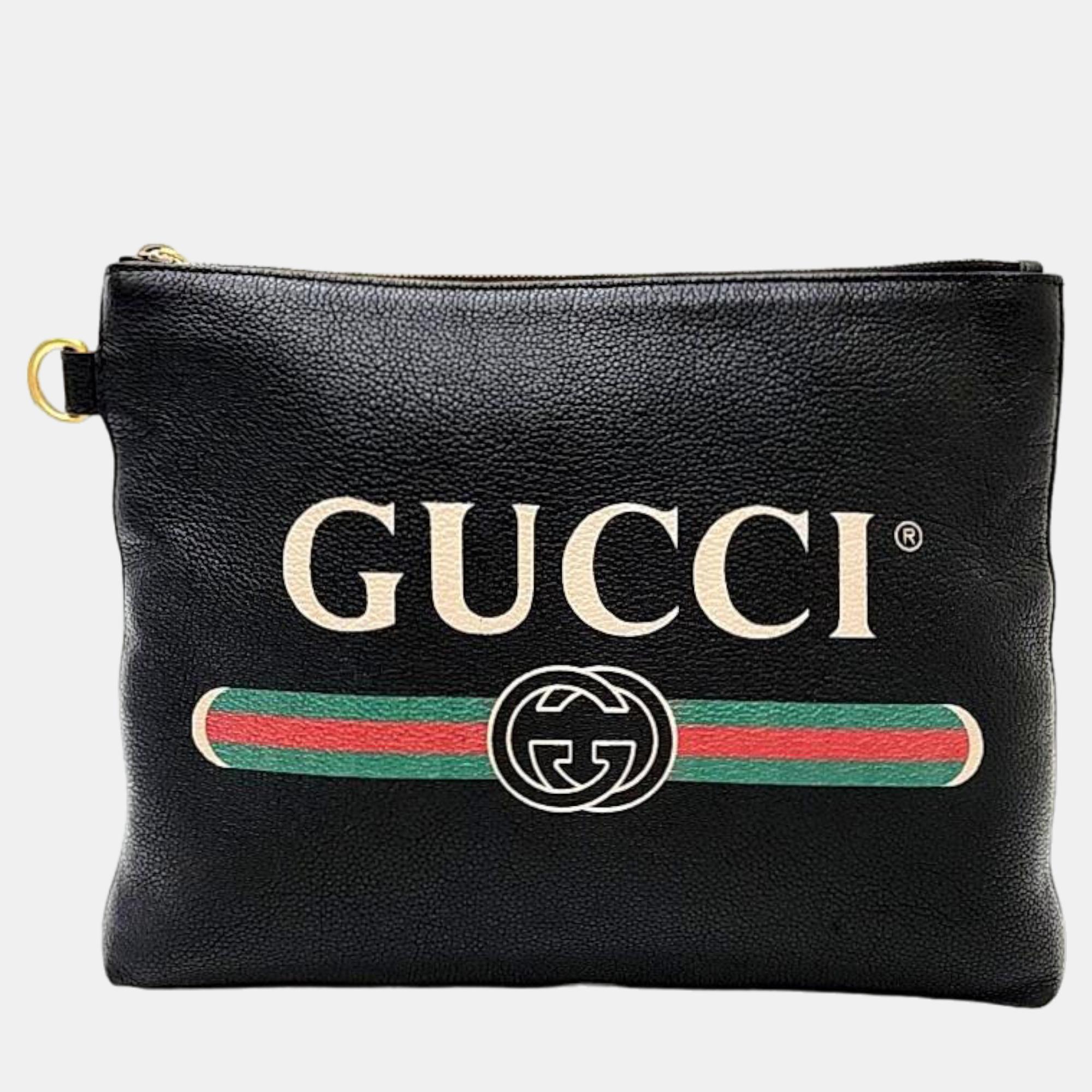 Pre-owned Gucci Black Leather Logo Clutch (572770)