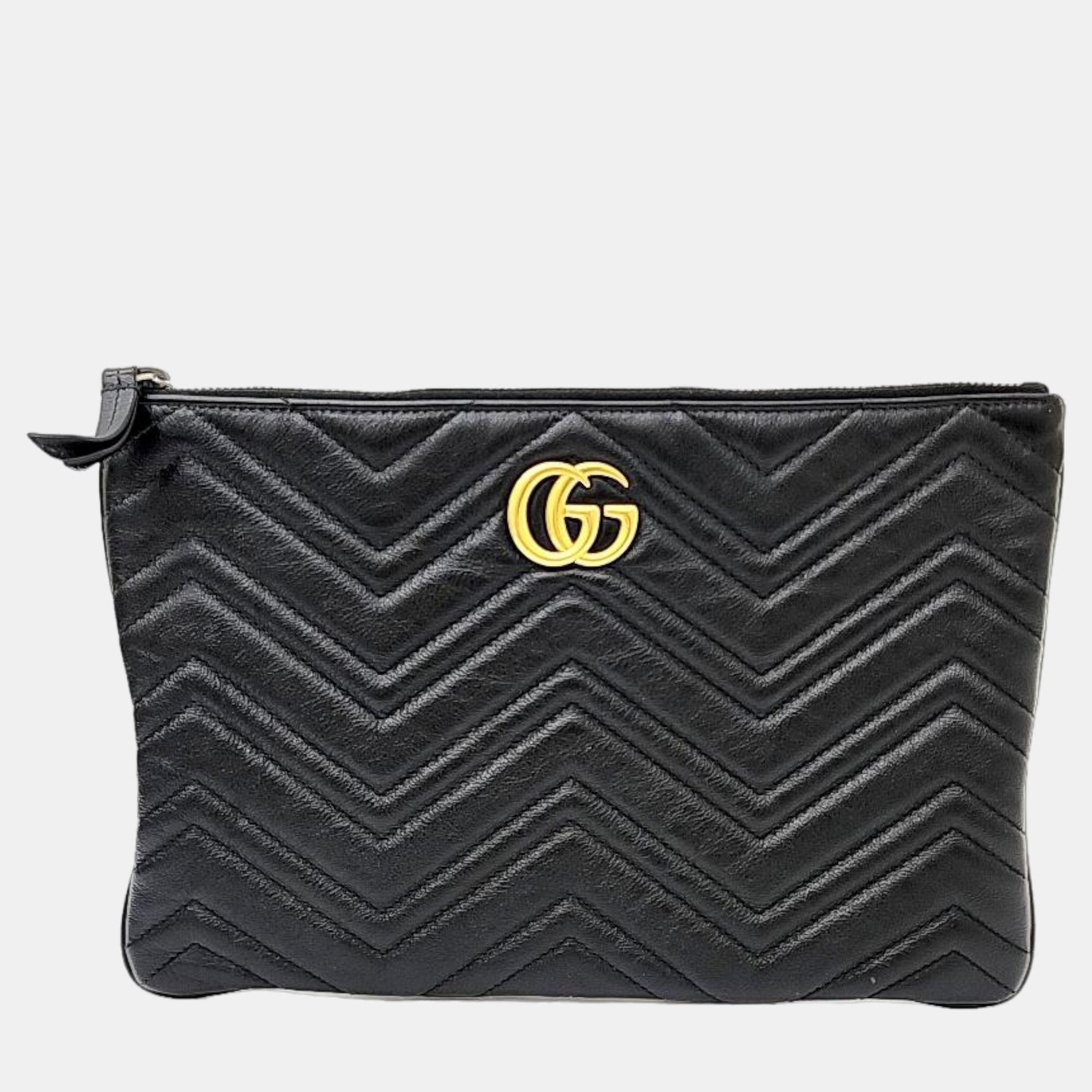 Pre-owned Gucci Black Leather Gg Marmont Clutch (525541)