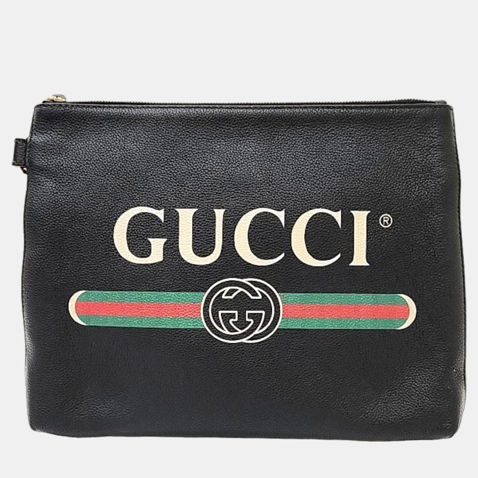 Pre-owned Gucci Black Leather Logo Clutch (572770)