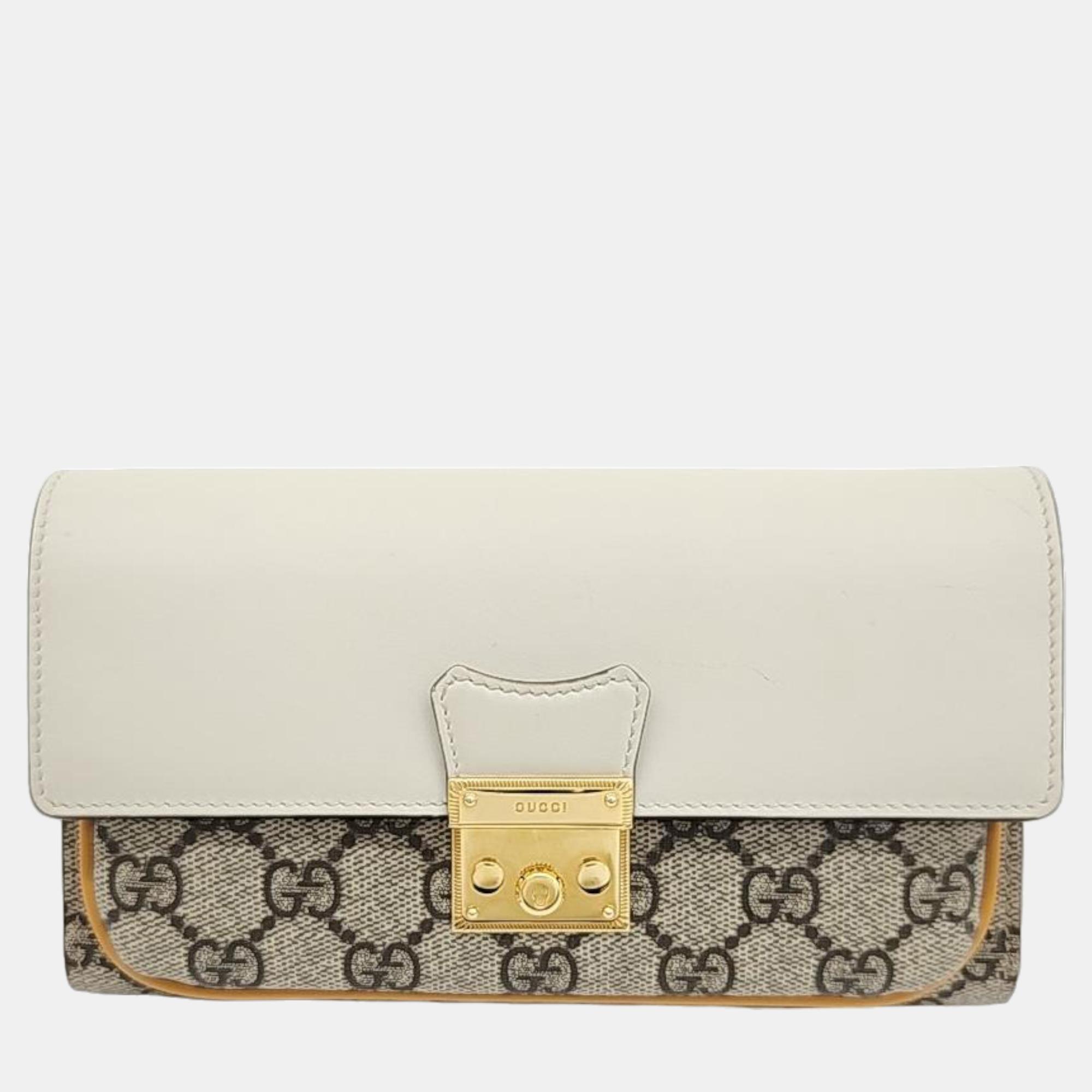 Pre-owned Gucci Ivory/beige/mustard Gg Canvas And Leather Padlock Mini Chain Crossbody Bag
