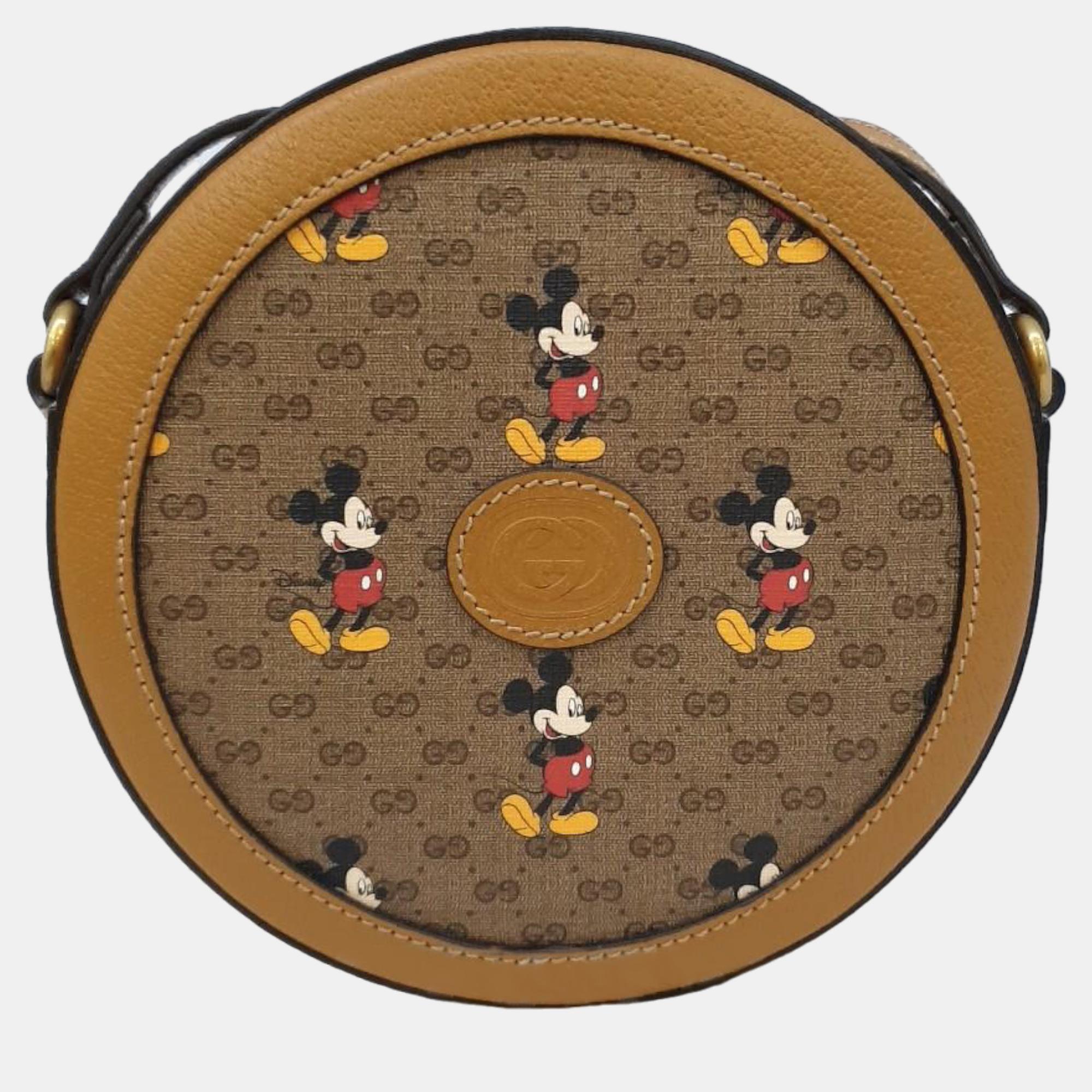Pre-owned Gucci X Disney Mickey Mouse Collaboration Round Shoulder Bag In Brown
