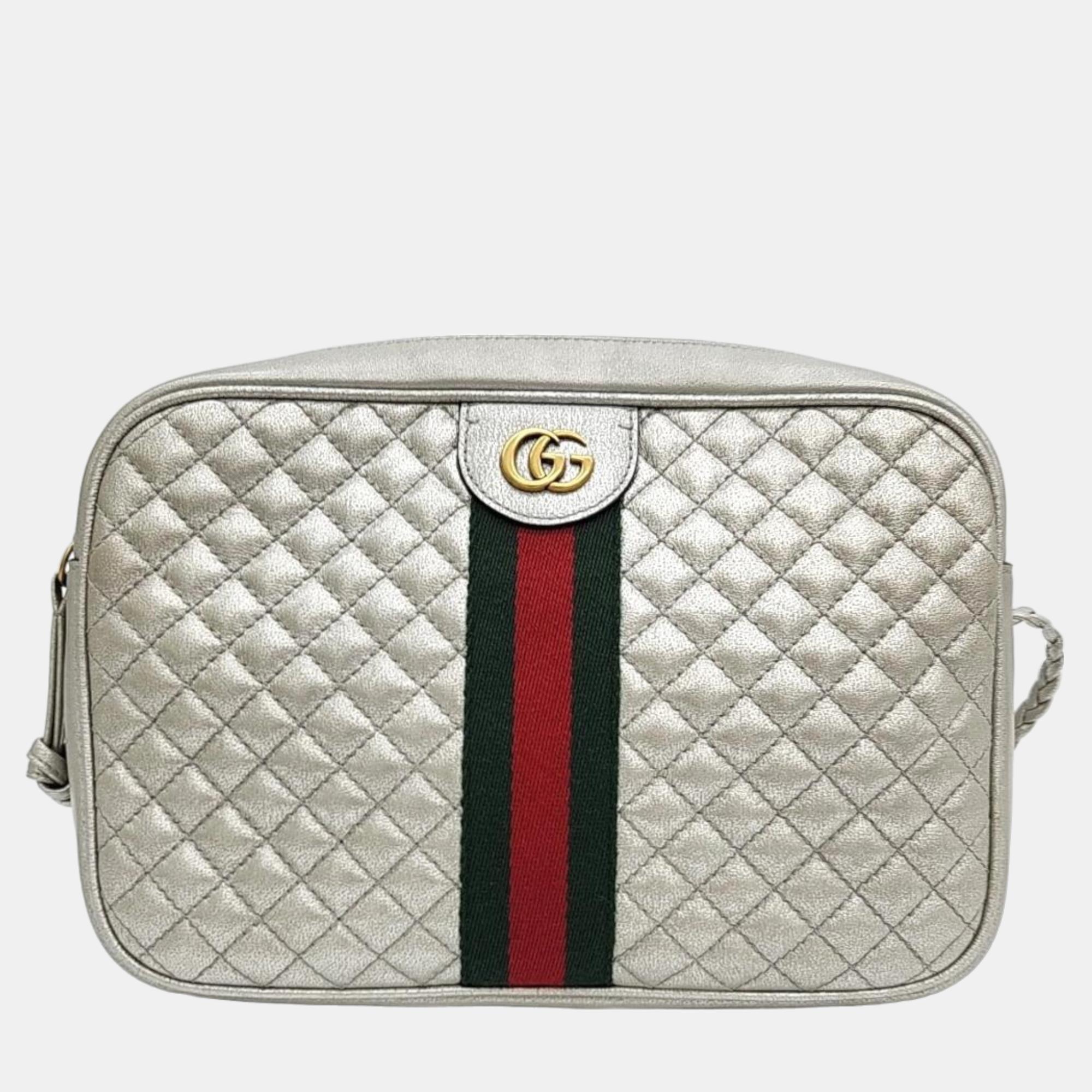 Pre-owned Gucci Silver Leather Quilted Web Cross Bag (541051)