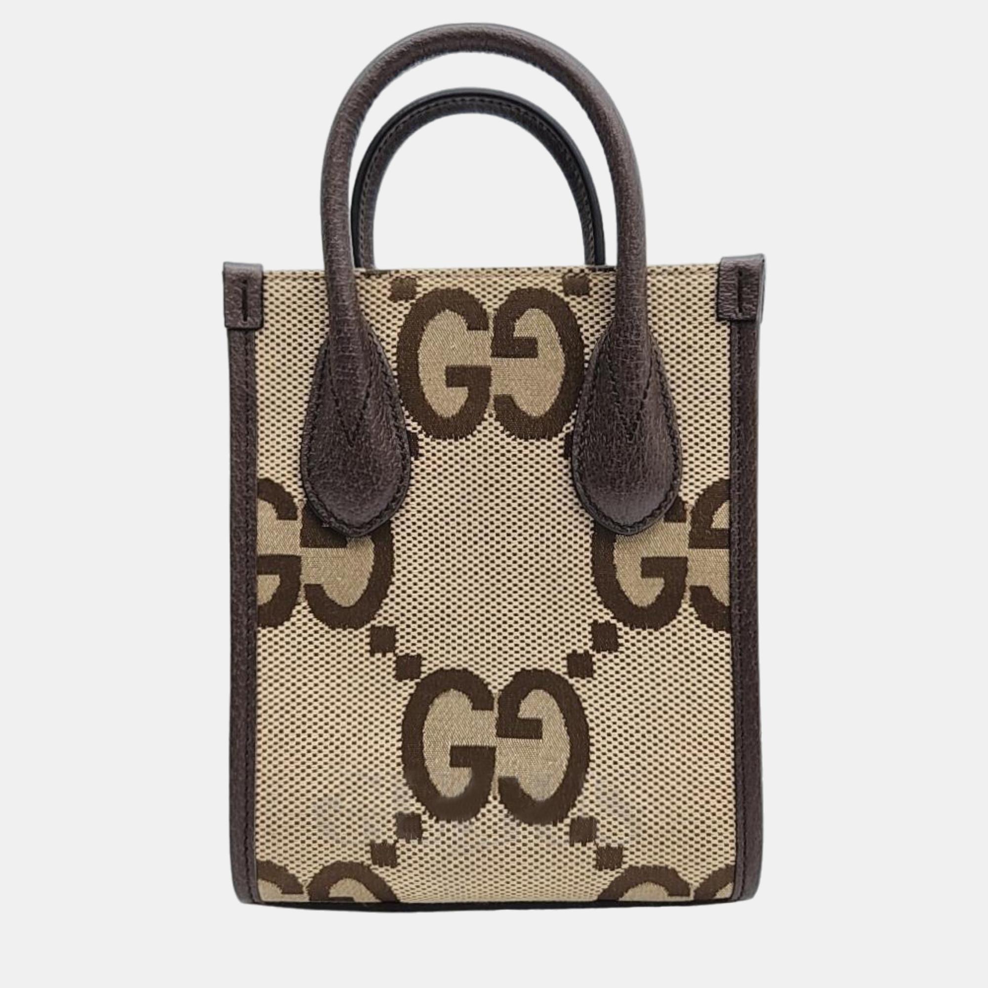 Pre-owned Gucci Brown Gg Ophidia Mini Tote Bag In Beige