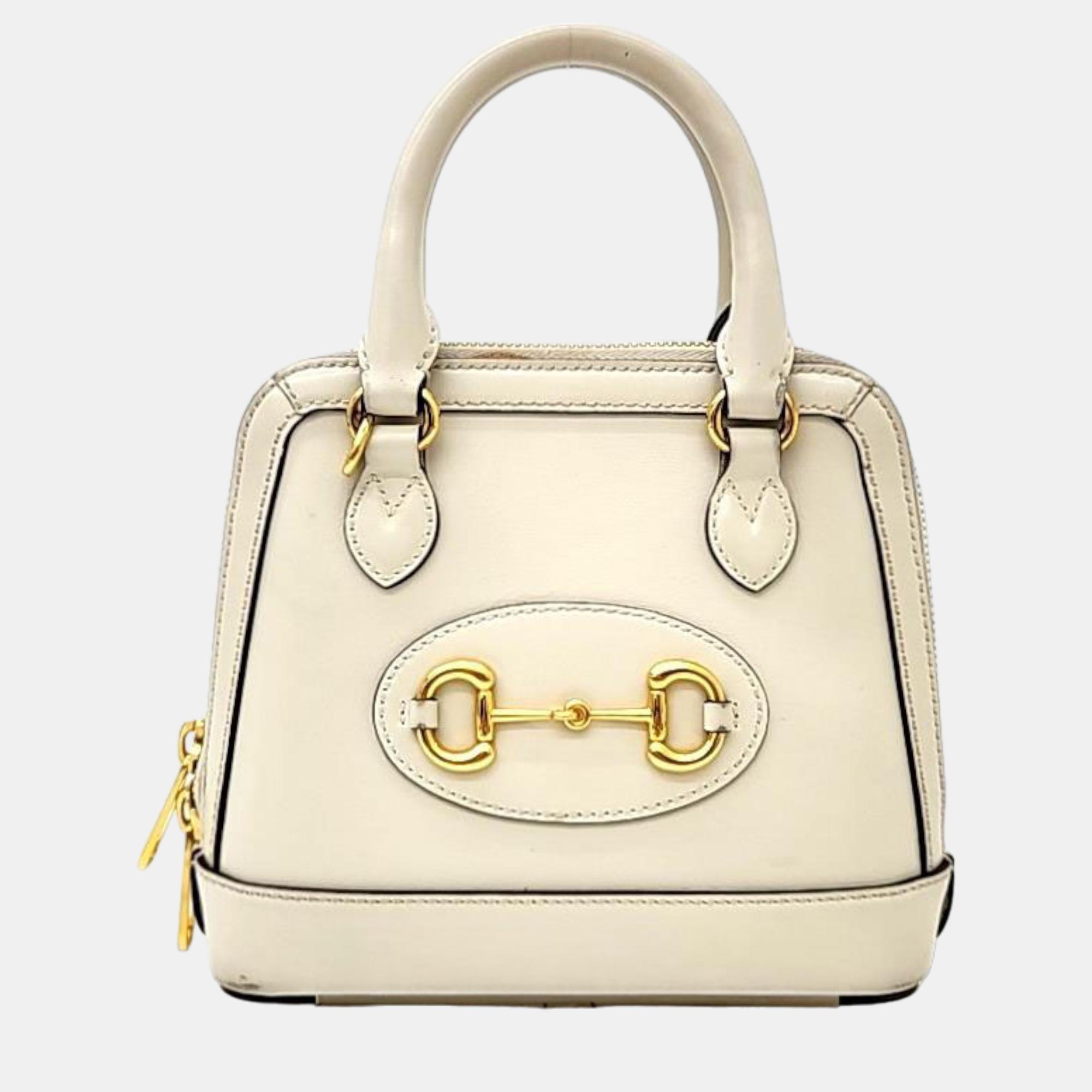 Pre-owned Gucci White Leather Horsebit 1955 Mini Top Handle Bag In Beige