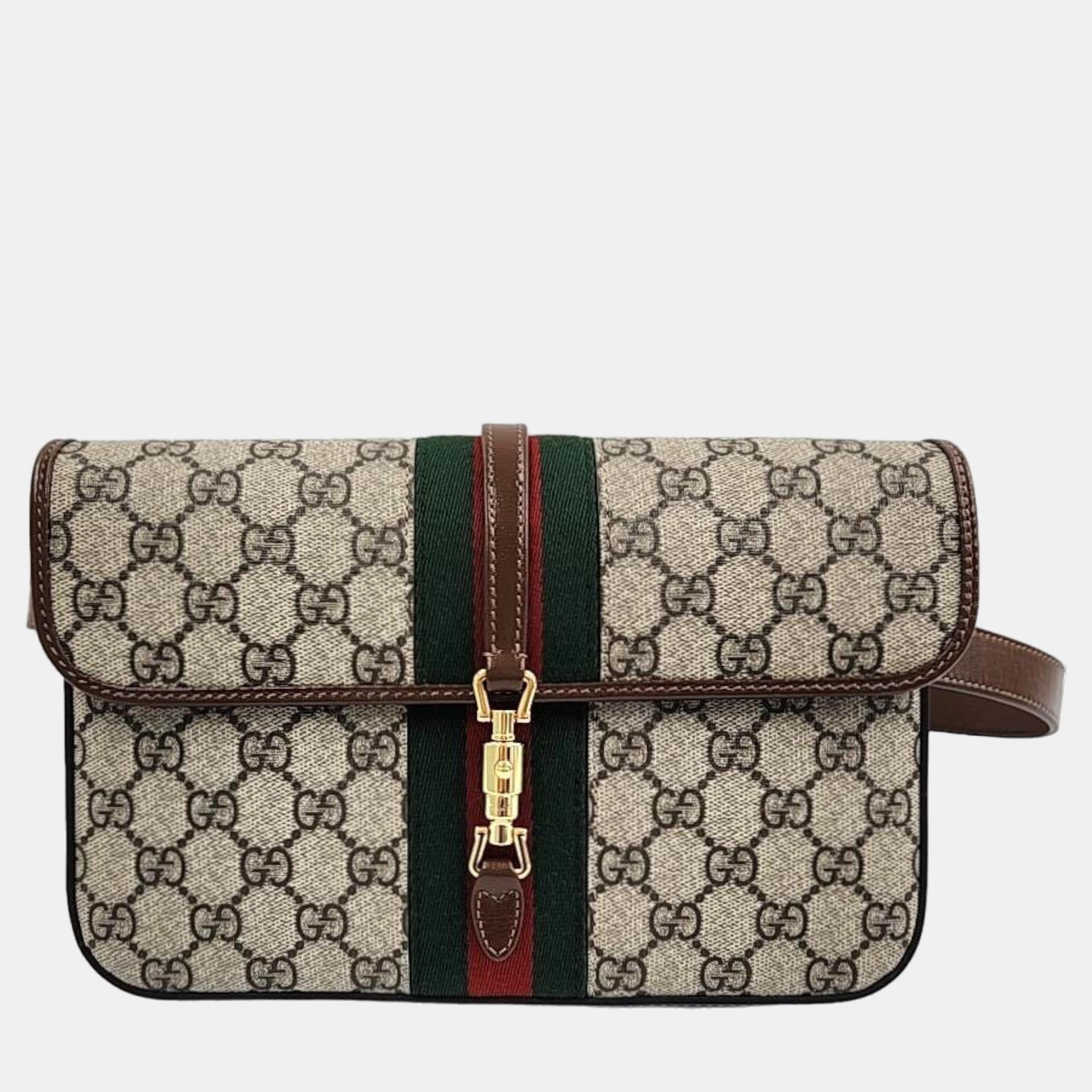 Pre-owned Gucci Brown Gg Canvas Jackie Belt Bag In Beige