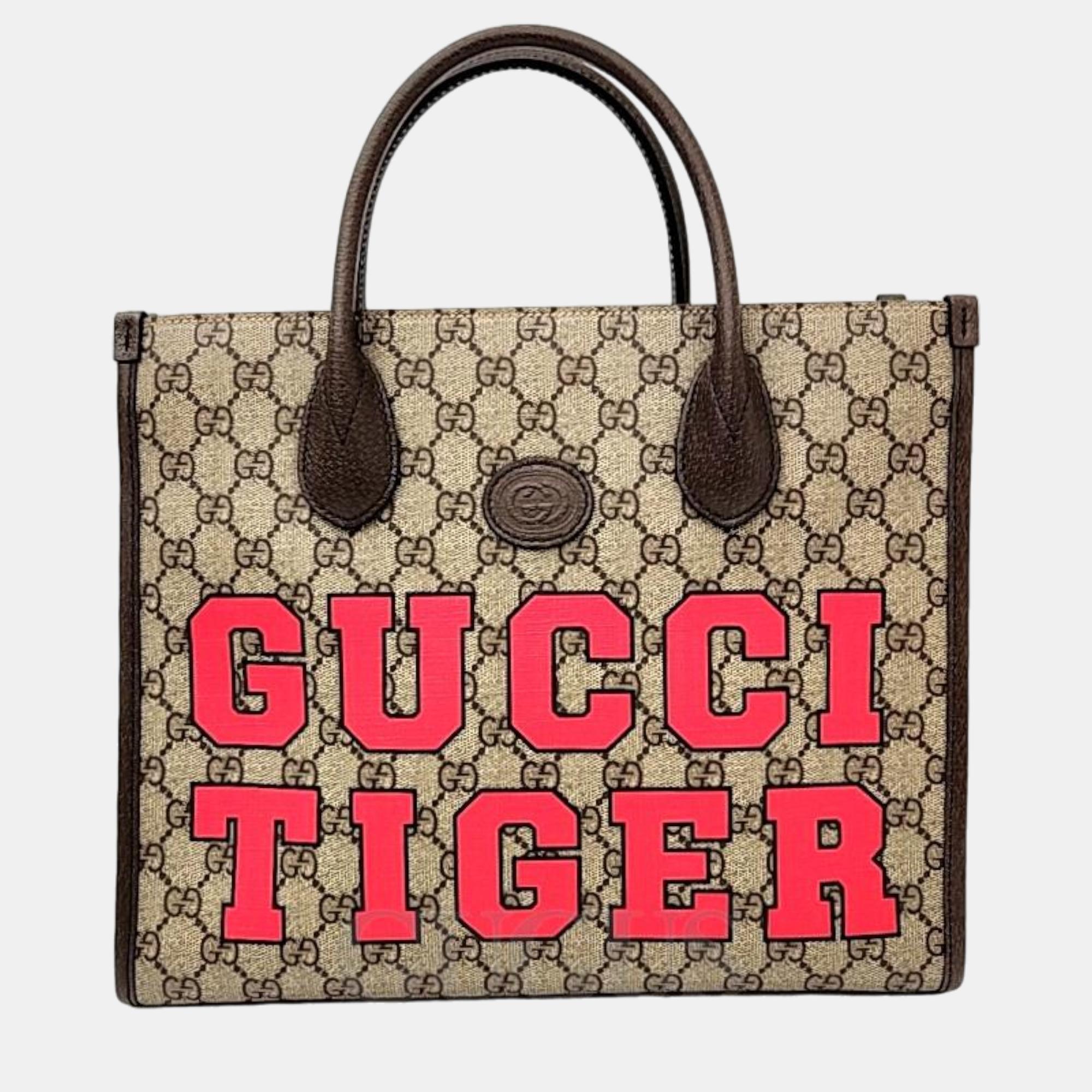 Pre-owned Gucci Brown Gg Canvas Tiger Gg Small Tote Bag In Beige