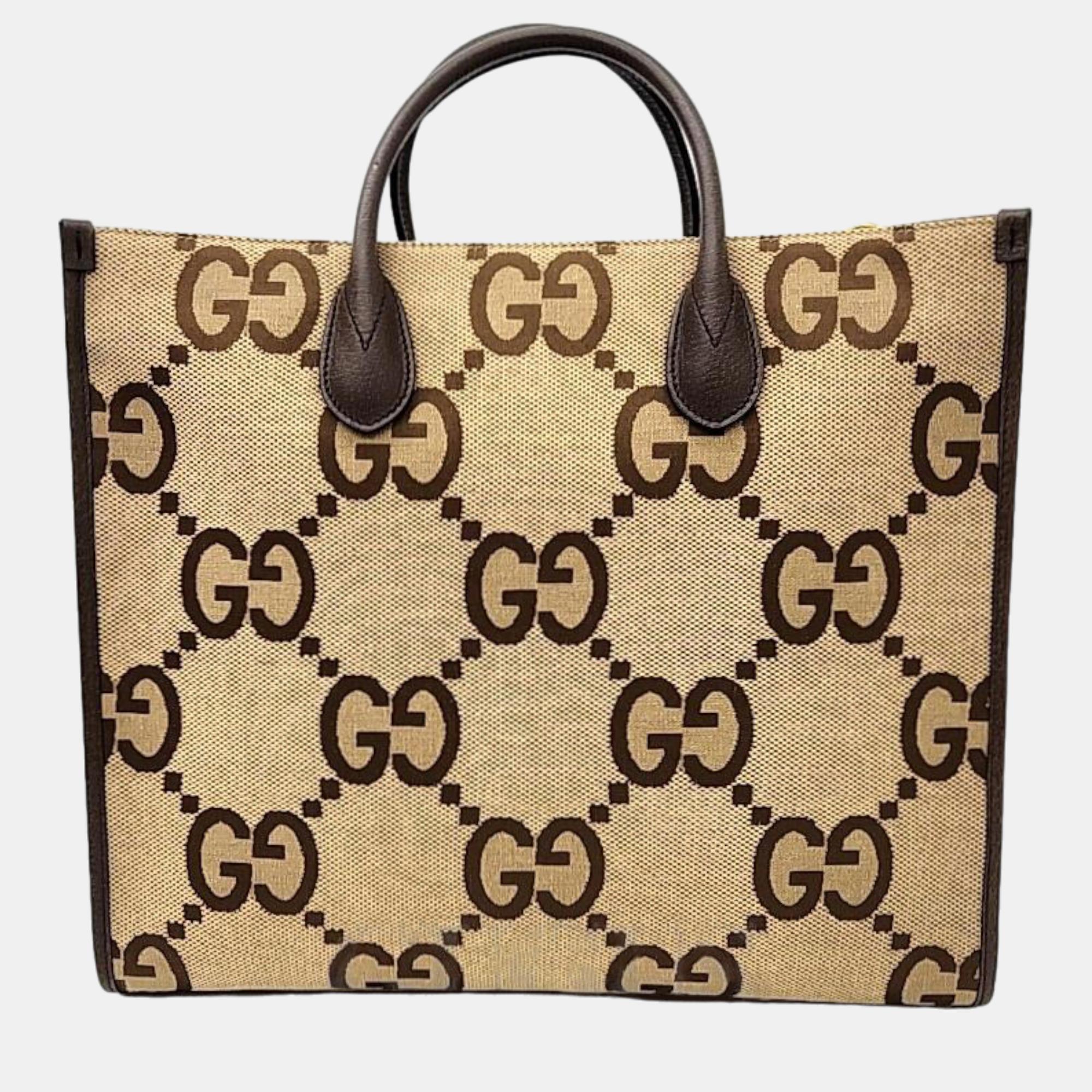 Pre-owned Gucci Brown Gg Canvas Jumbo Shoulder Bag In Beige
