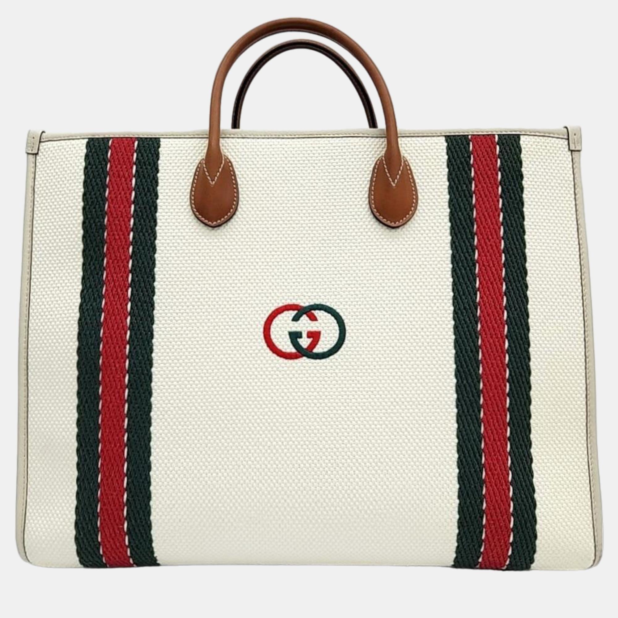 Pre-owned Gucci Interlocking Canvas Tote And Shoulder Bag (701733) In White