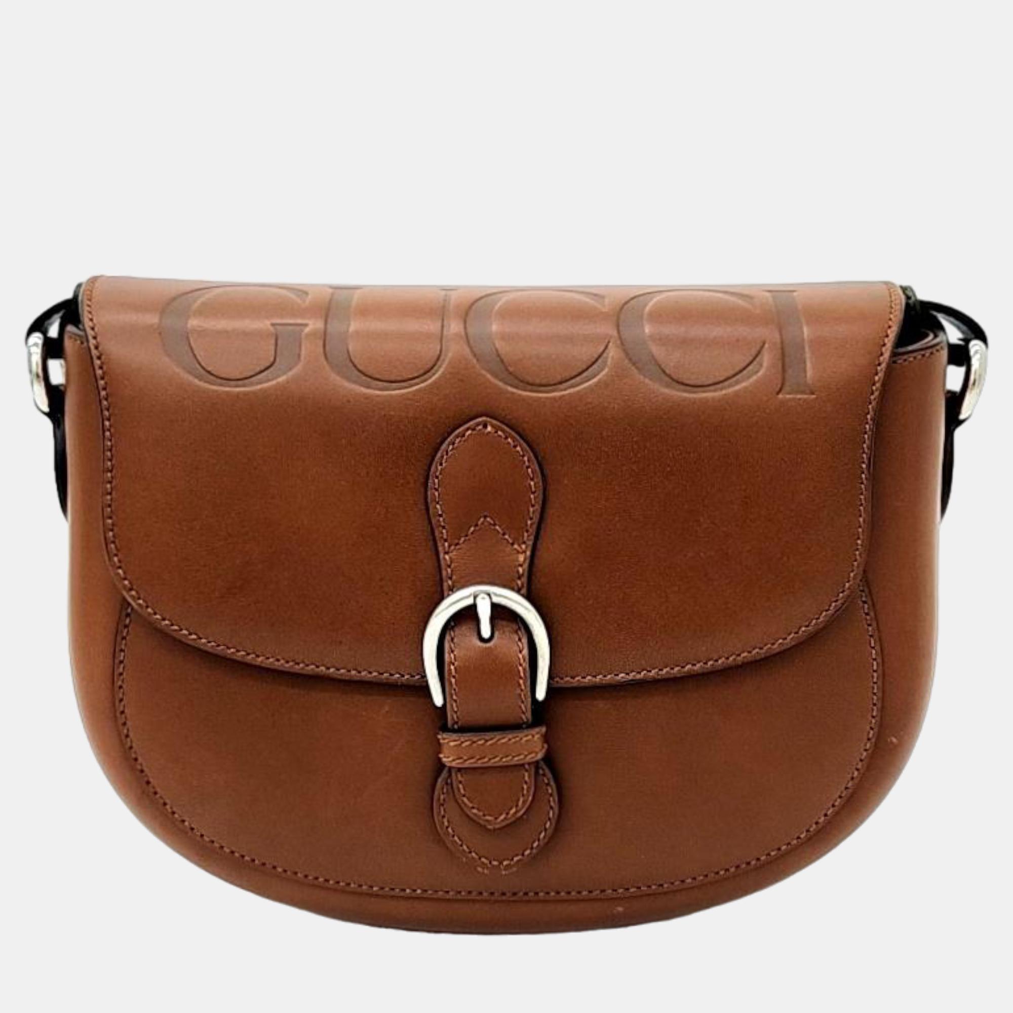 Pre-owned Gucci Brown Leather Logo Shoulder Bag (679540)
