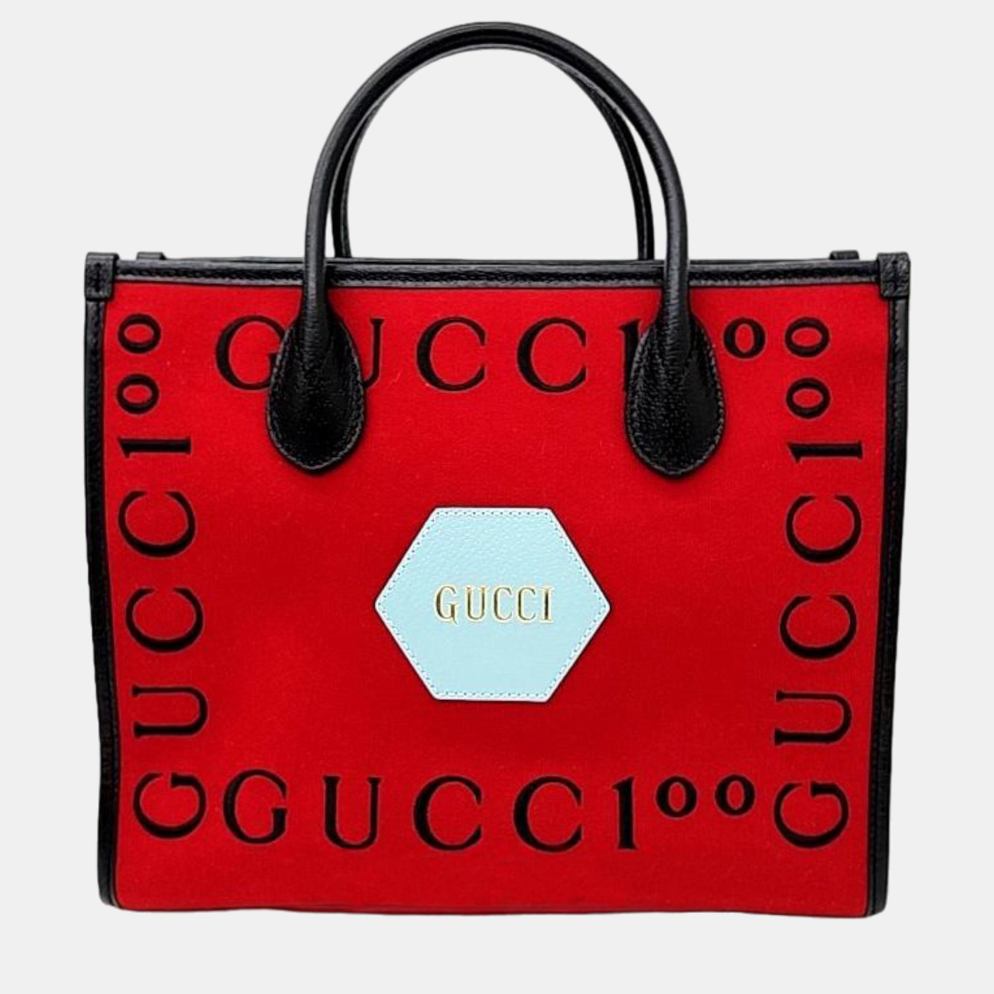 Pre-owned Gucci Red Black Fabric 100 Small Tote Bag (659983)