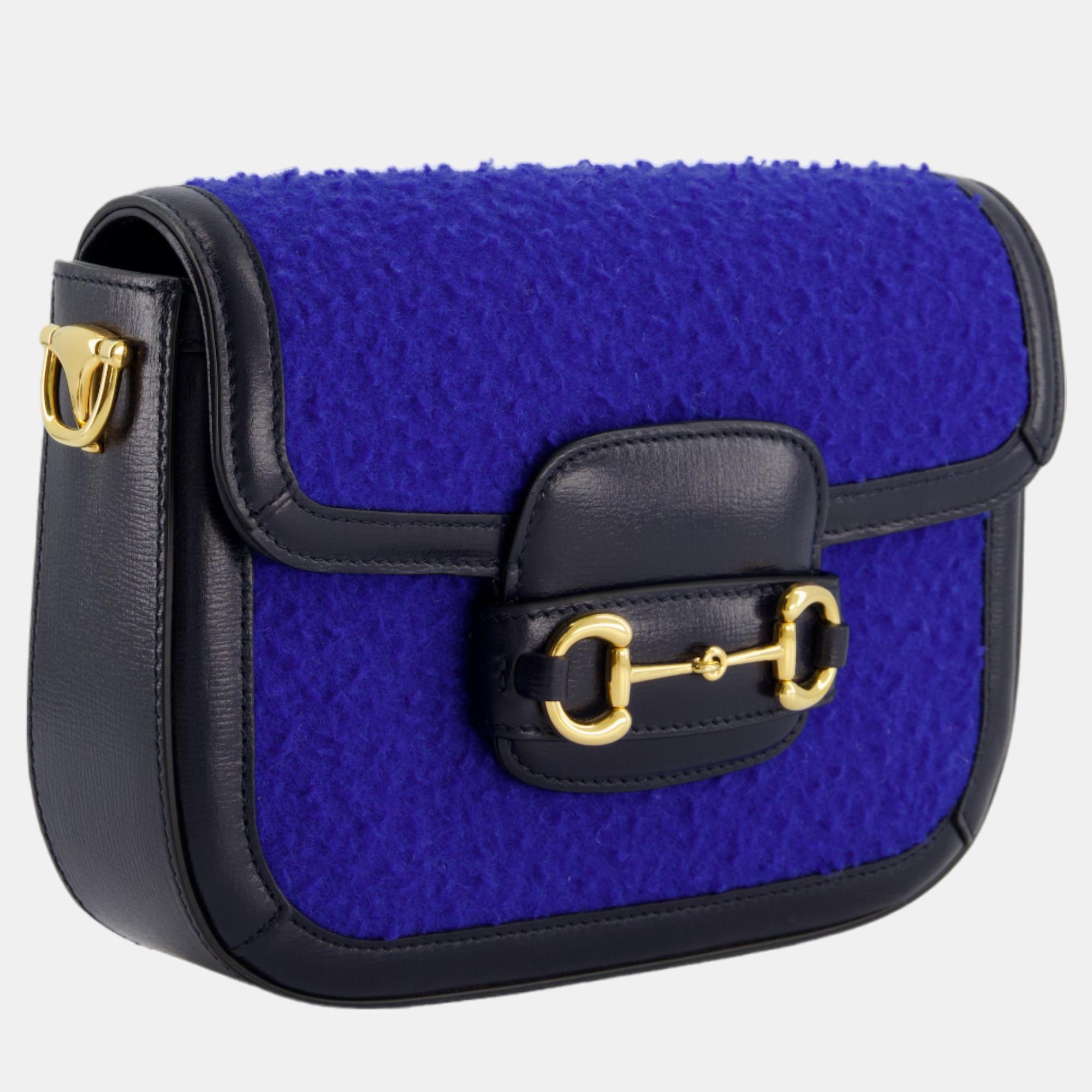 

Gucci 1955 Horsebit Cross Body Bag with Blue Felt and Black Leather