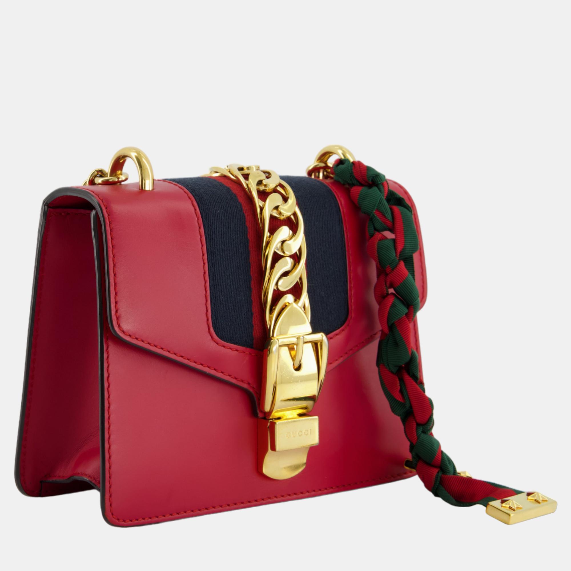

Gucci Red Leather Small Sylvie Bag Canvas with Gold Hardware