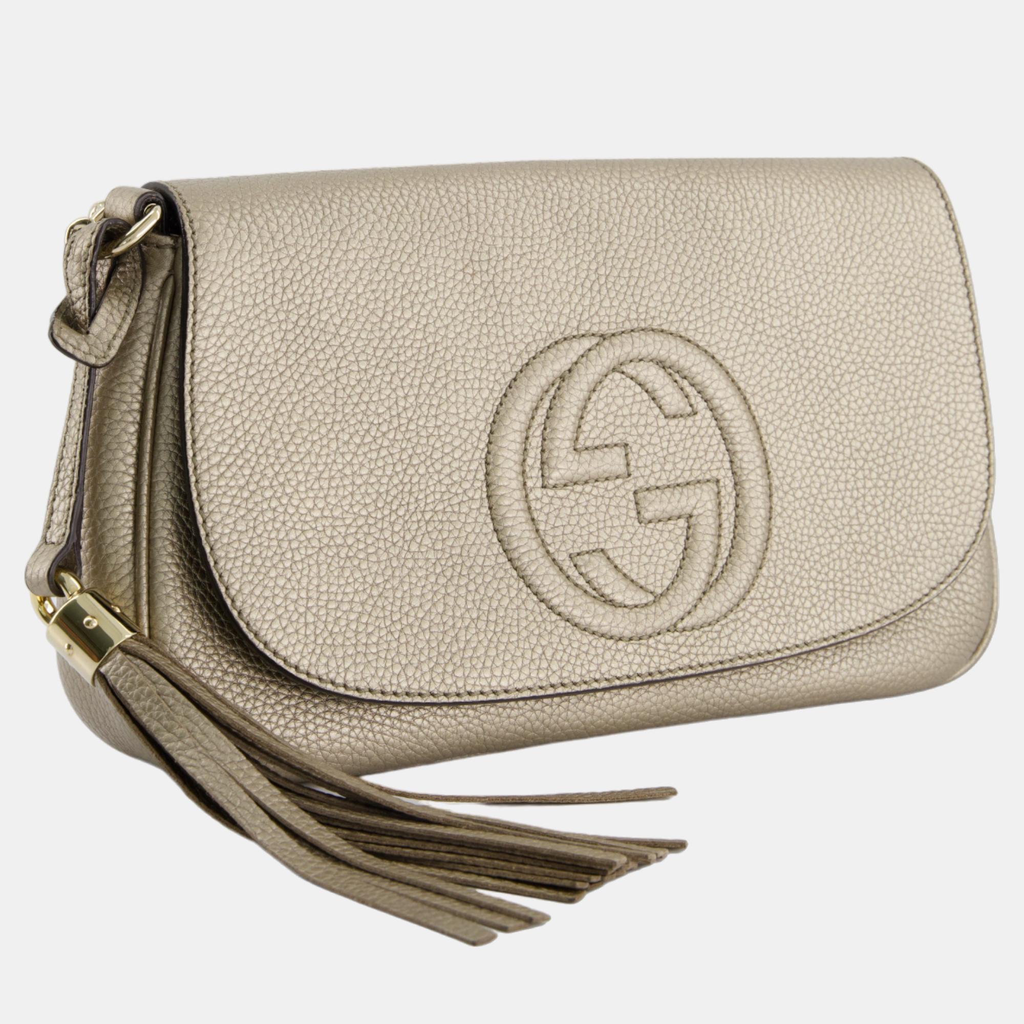 

Gucci Gold Soho Flap Bag in Grained Calfskin Leather with Gold Hardware